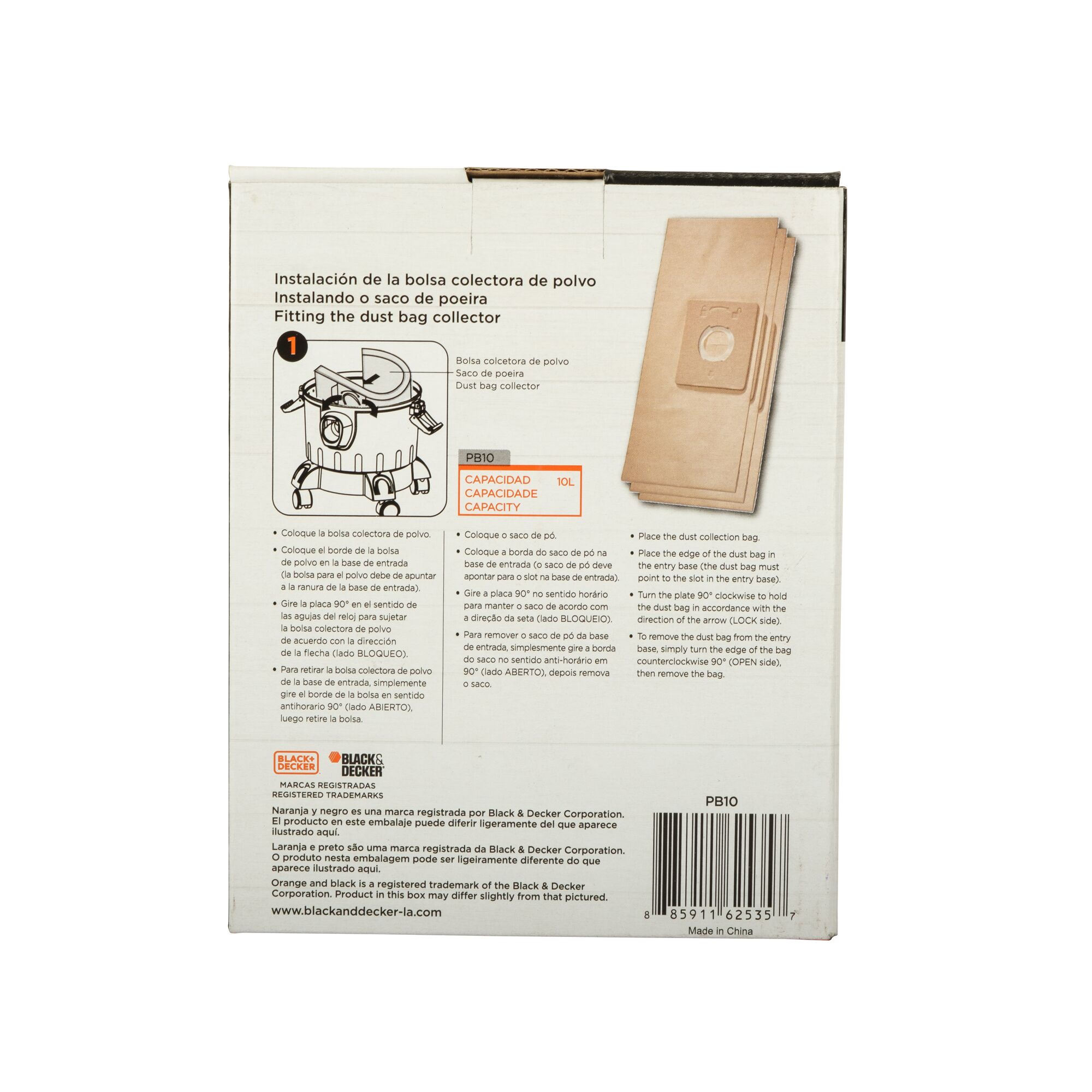 BLACKDECKER PB10 dust bag collector packaging, showing installation instructions, illustration, and dust bag photo, rear angle.