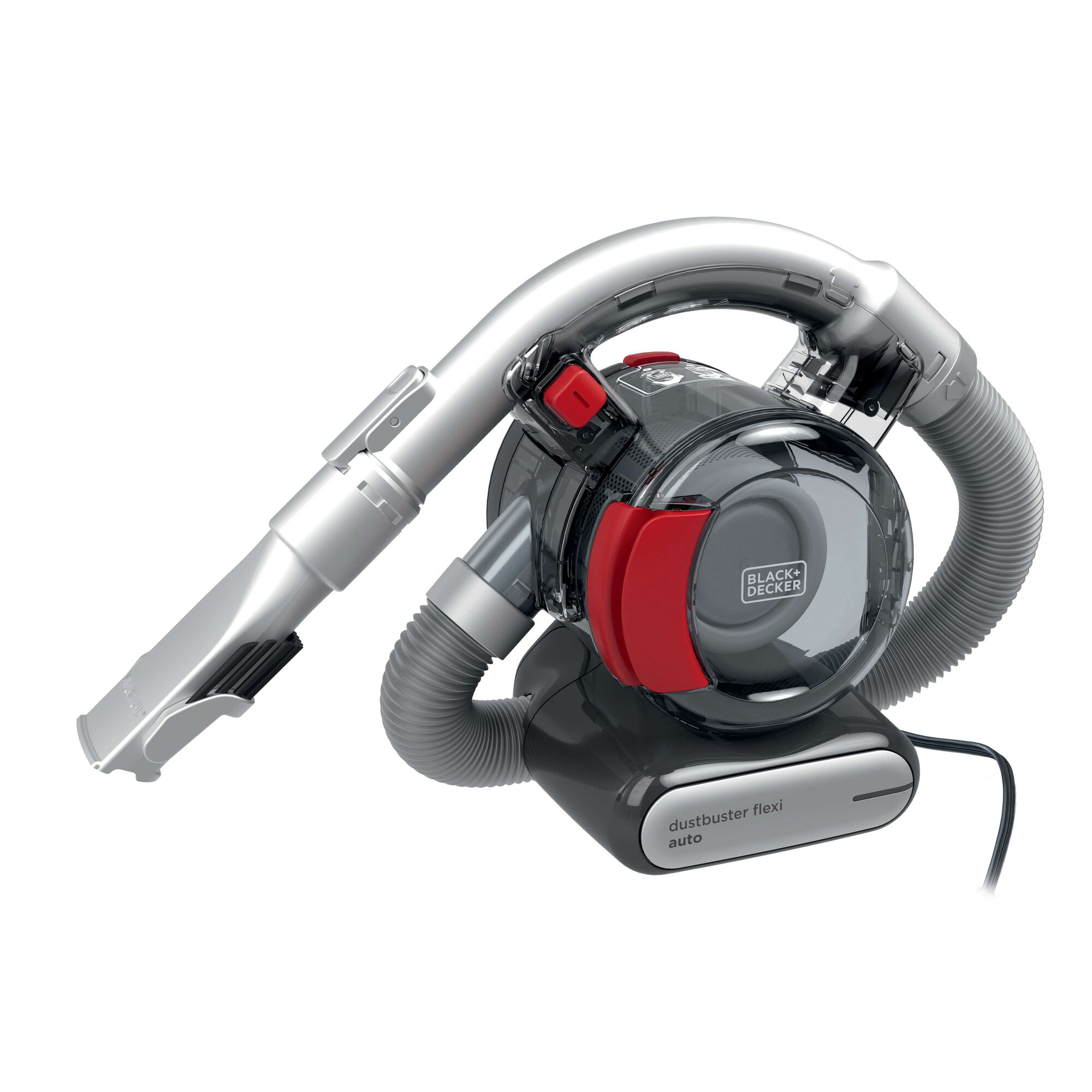 BLACKDECKER PD1200AV handheld vacuum cleaner with flexible hose, side angle, black and red design.