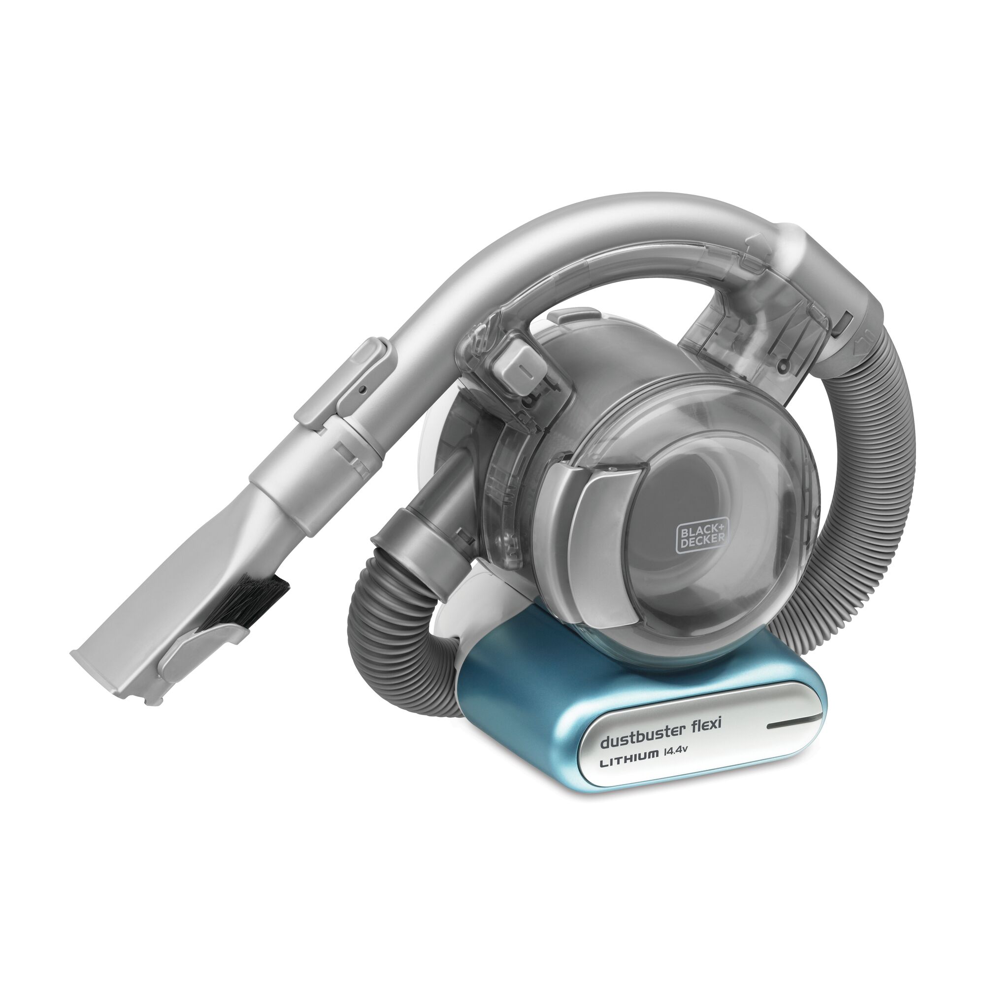BLACKDECKER PD1420B-KR dustbuster flexi 14.4V handheld vacuum, silver and blue, front angle photo.