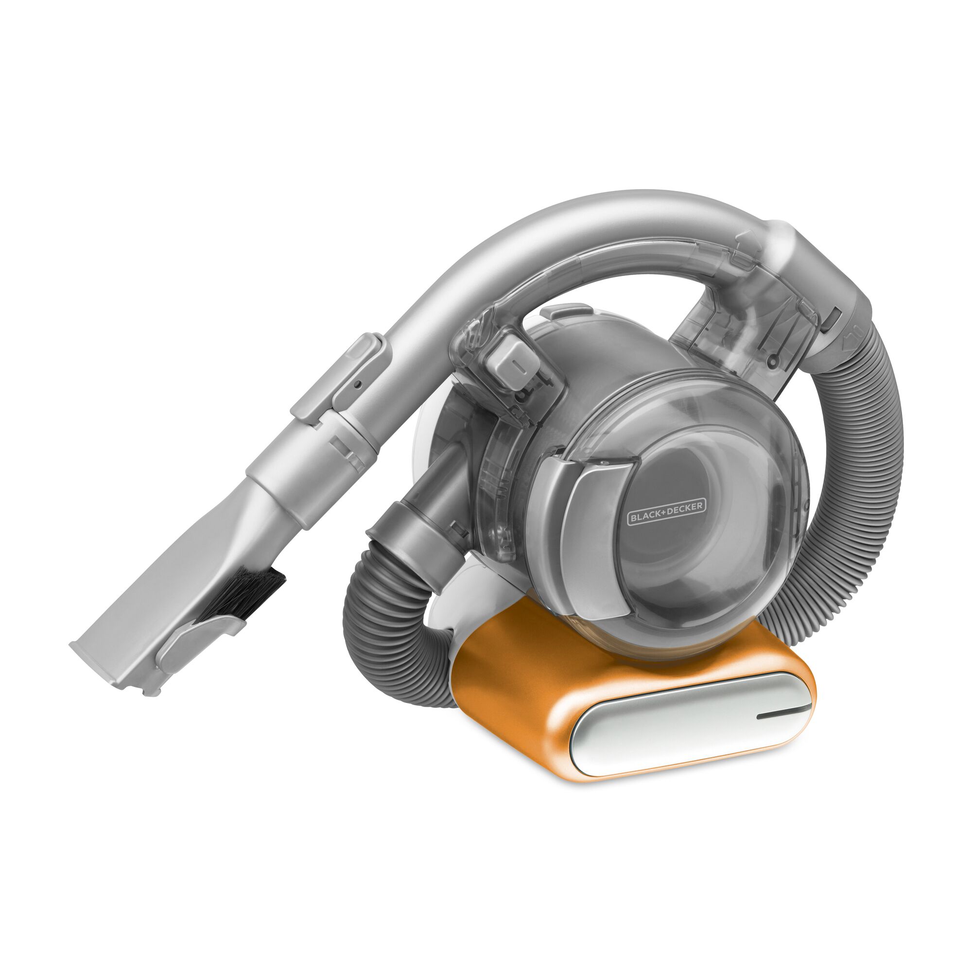 Photo of BLACK+DECKER PD1420OFL compact handheld vacuum cleaner with flexible hose on white background.
