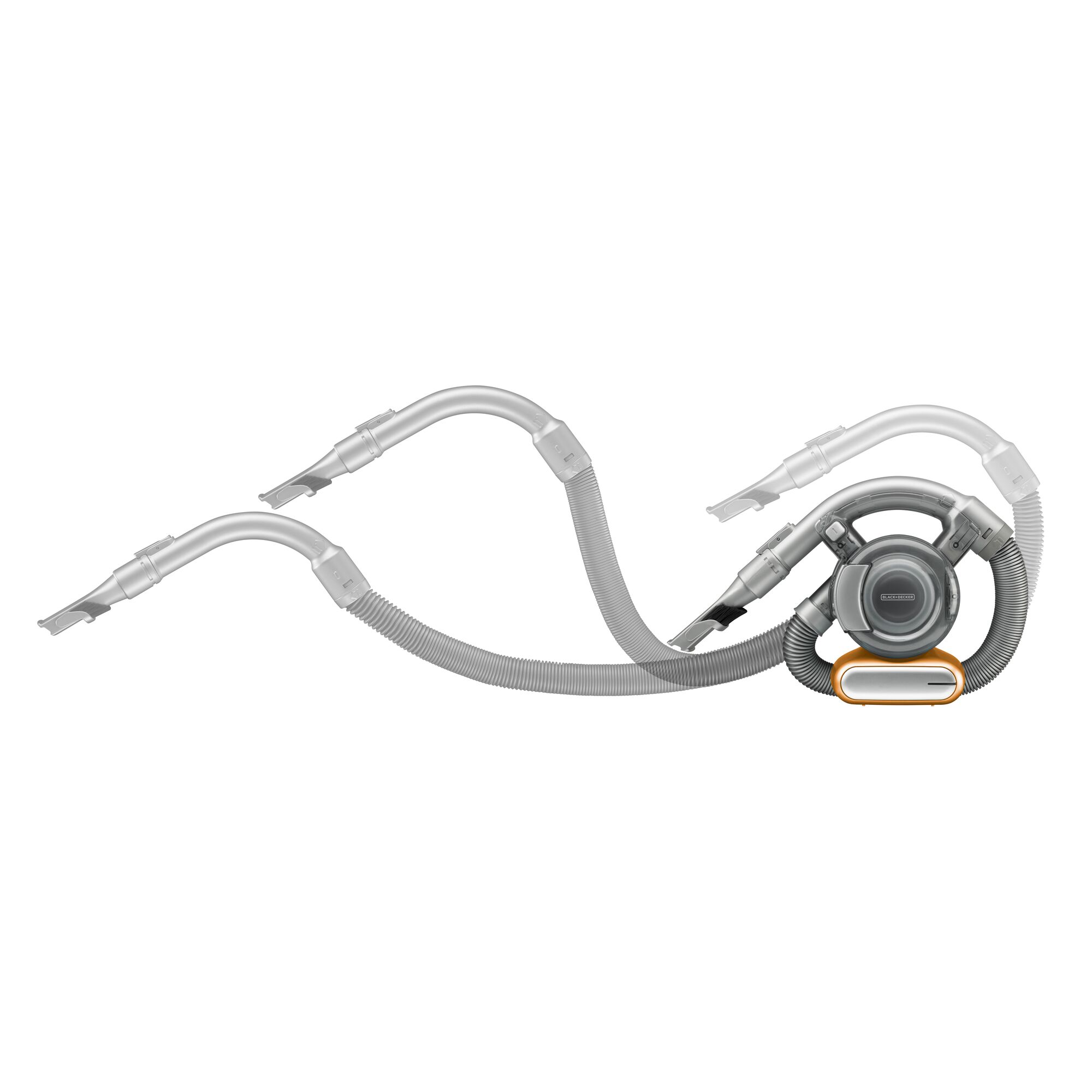 BLACK+DECKER PD1420OFL compact handheld vacuum cleaner with long flexible hose, side view, white background.