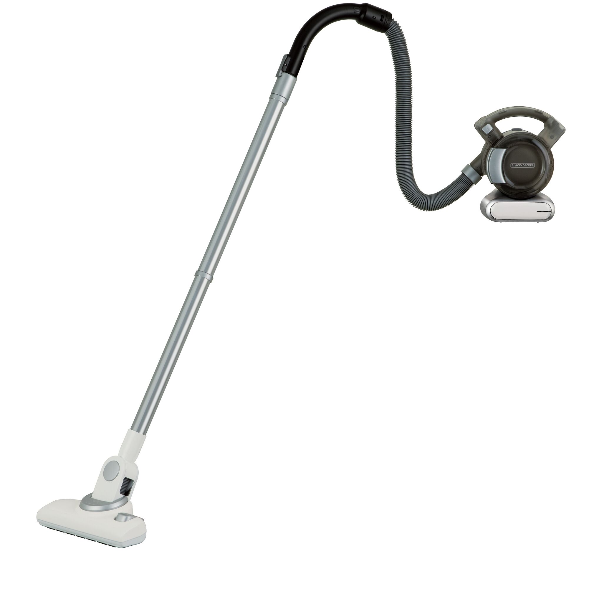 BLACKDECKER PD1810BEXT handheld vacuum cleaner with extended hose and white floor attachment, front angle.