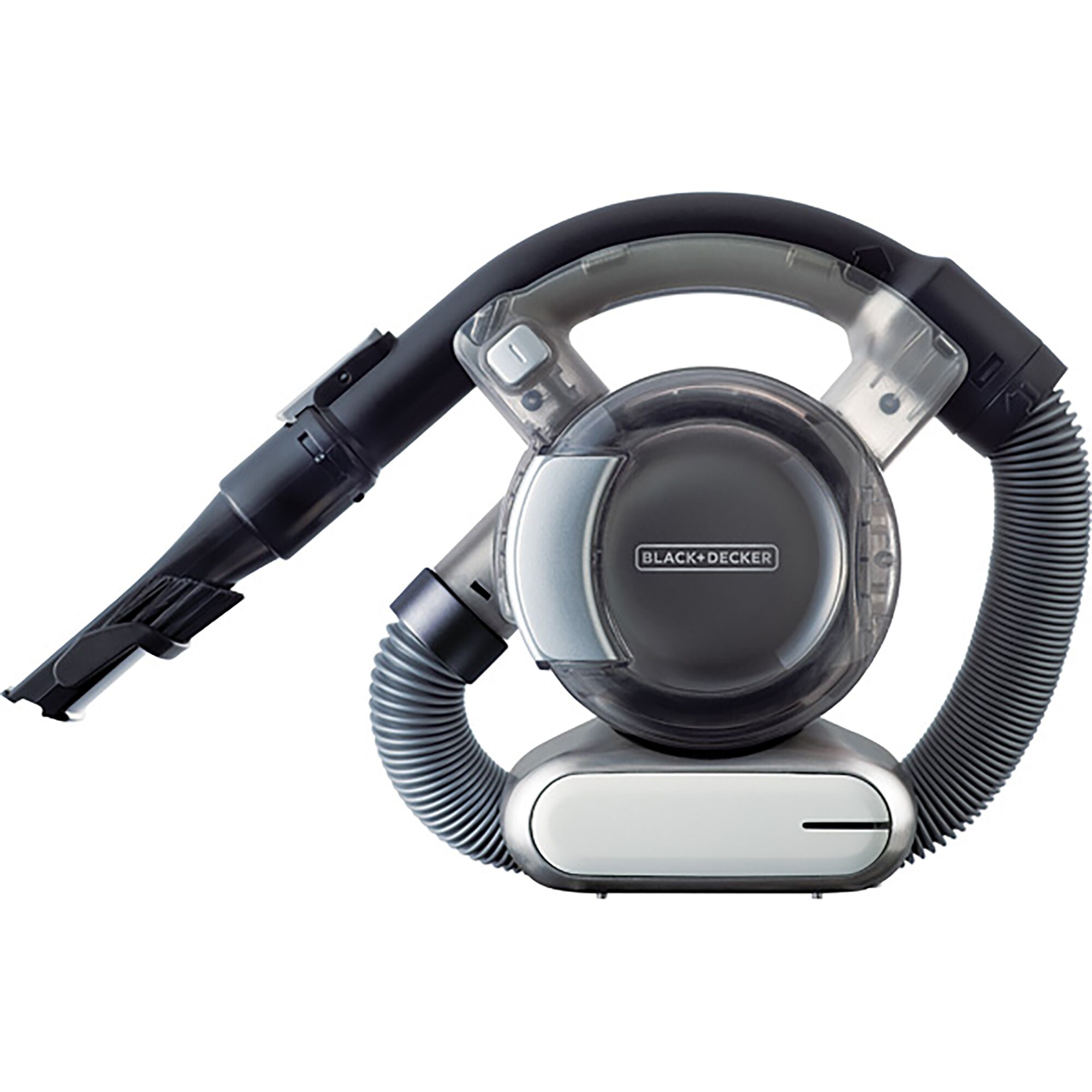 BLACKDECKER PD1810LI compact handheld vacuum cleaner, side angle, black and grey.