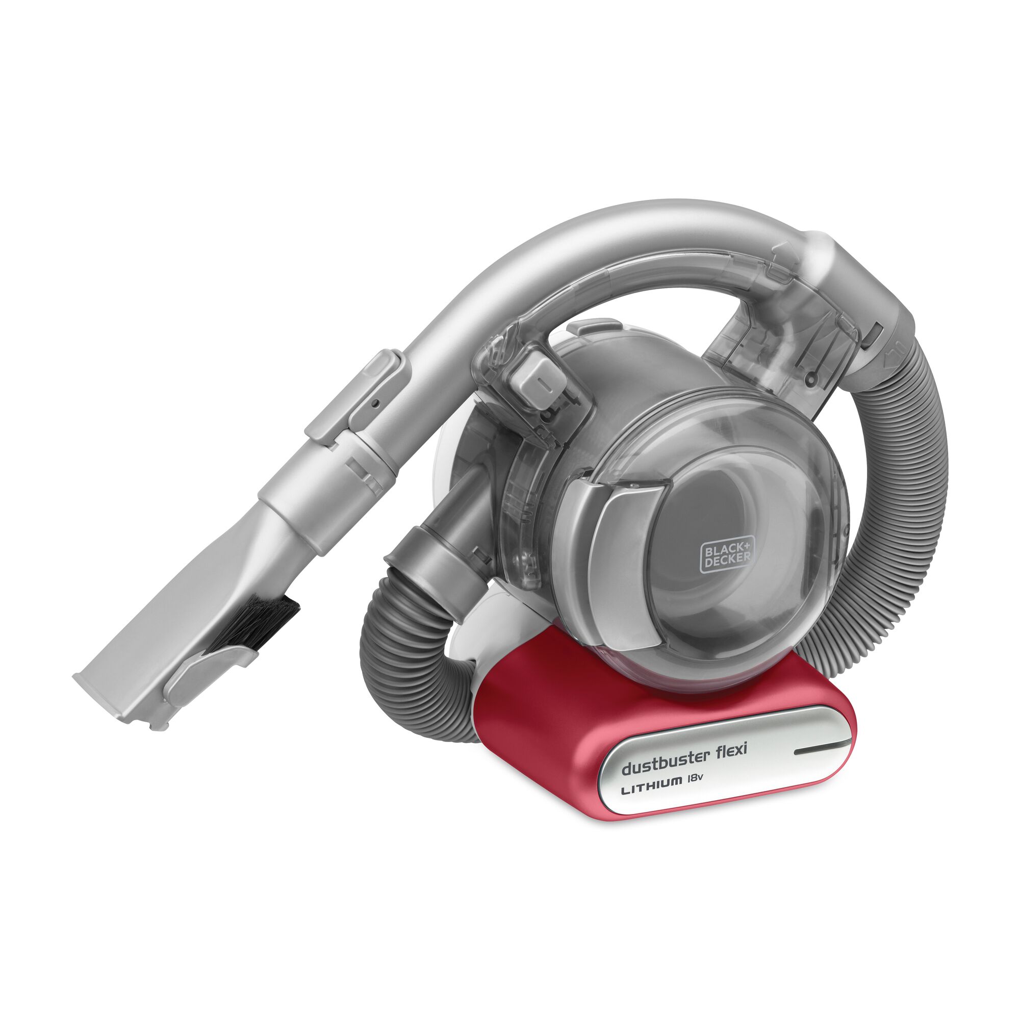 BLACK+DECKER PD1810LR handheld vacuum with flexible hose, red and gray colors, side angle on white background.