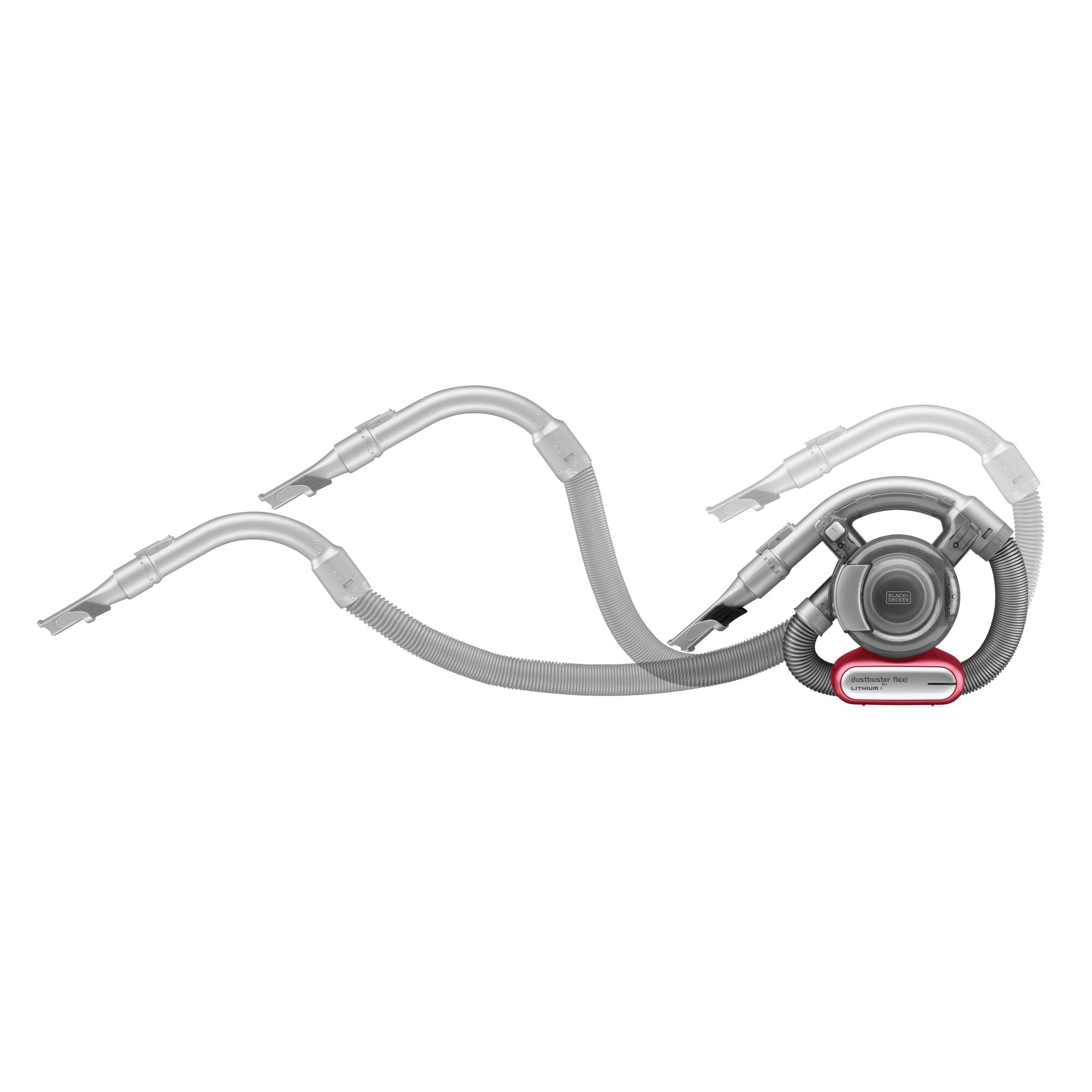 Photo of BLACKDECKER handheld vacuum cleaner model PD1810LR with extended flexible hose, side angle on white background.