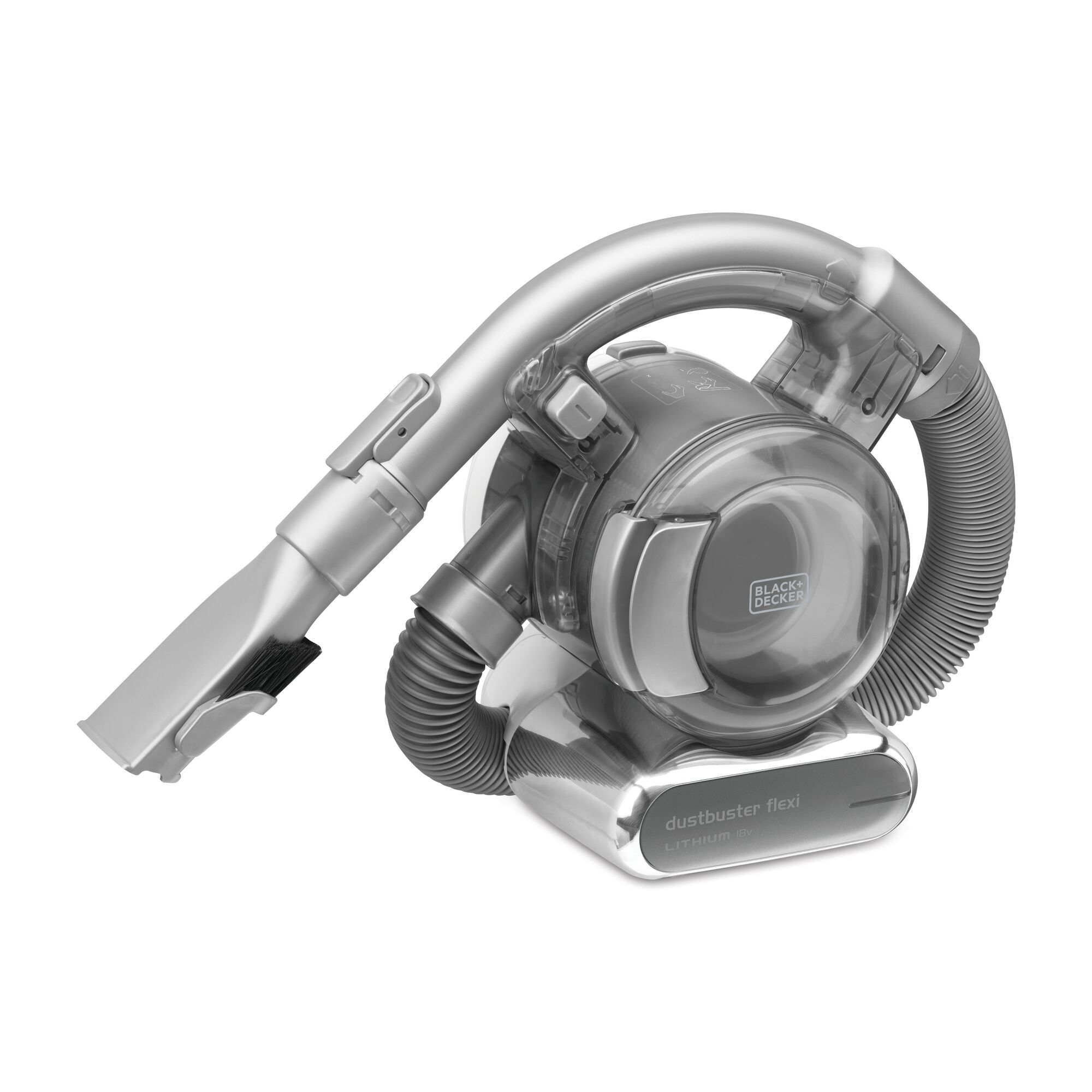BLACKDECKER PD1820LF handheld vacuum cleaner side view with flexible hose and brush attachment.
