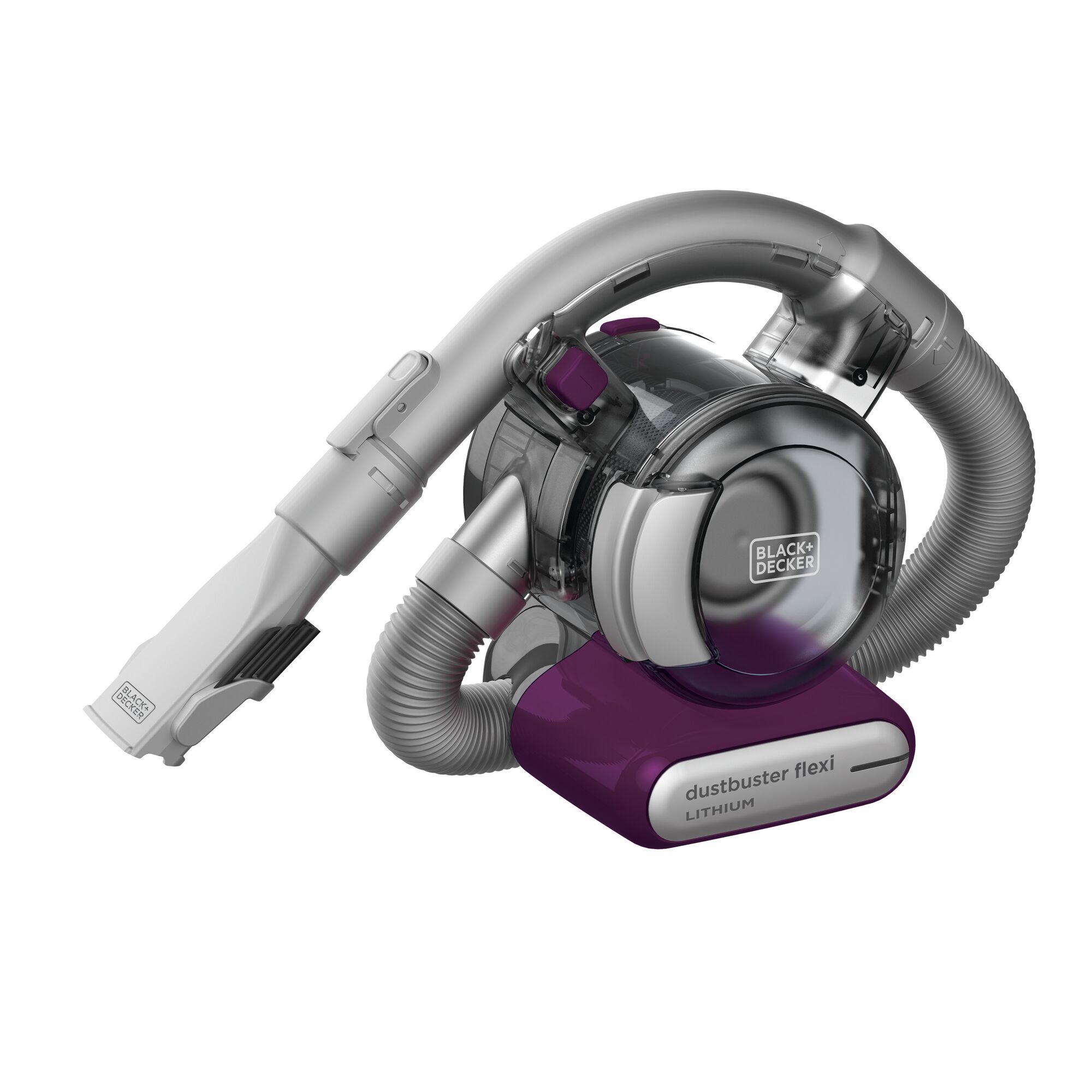 BLACKDECKER PDB315JP handheld vacuum cleaner with flexible hose, purple and silver, front angle.