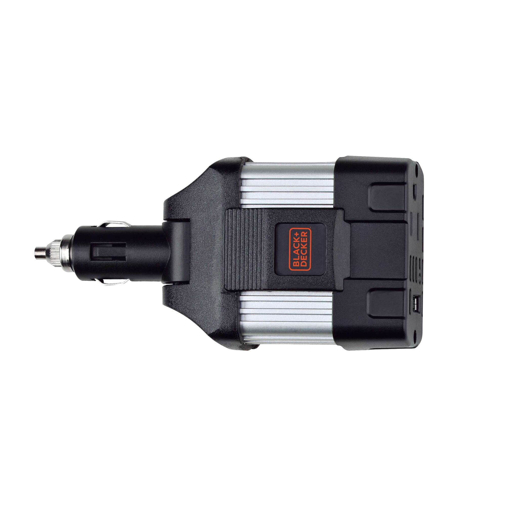 BLACKDECKER PI100LA portable car power inverter, black and silver, front angle on white background.