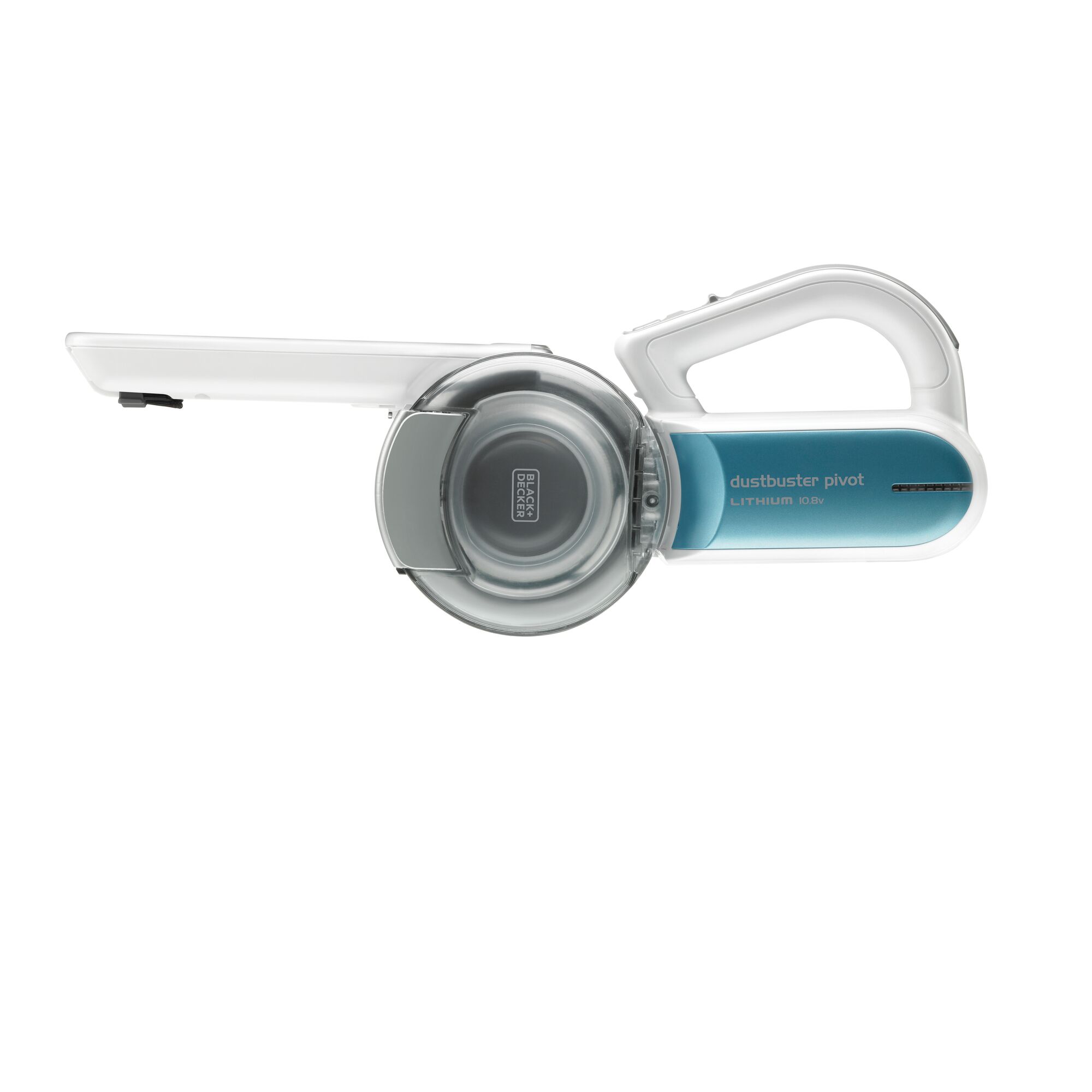 BLACKDECKER PV1020B handheld dustbuster pivot vacuum, side view, blue and white body, on white background.