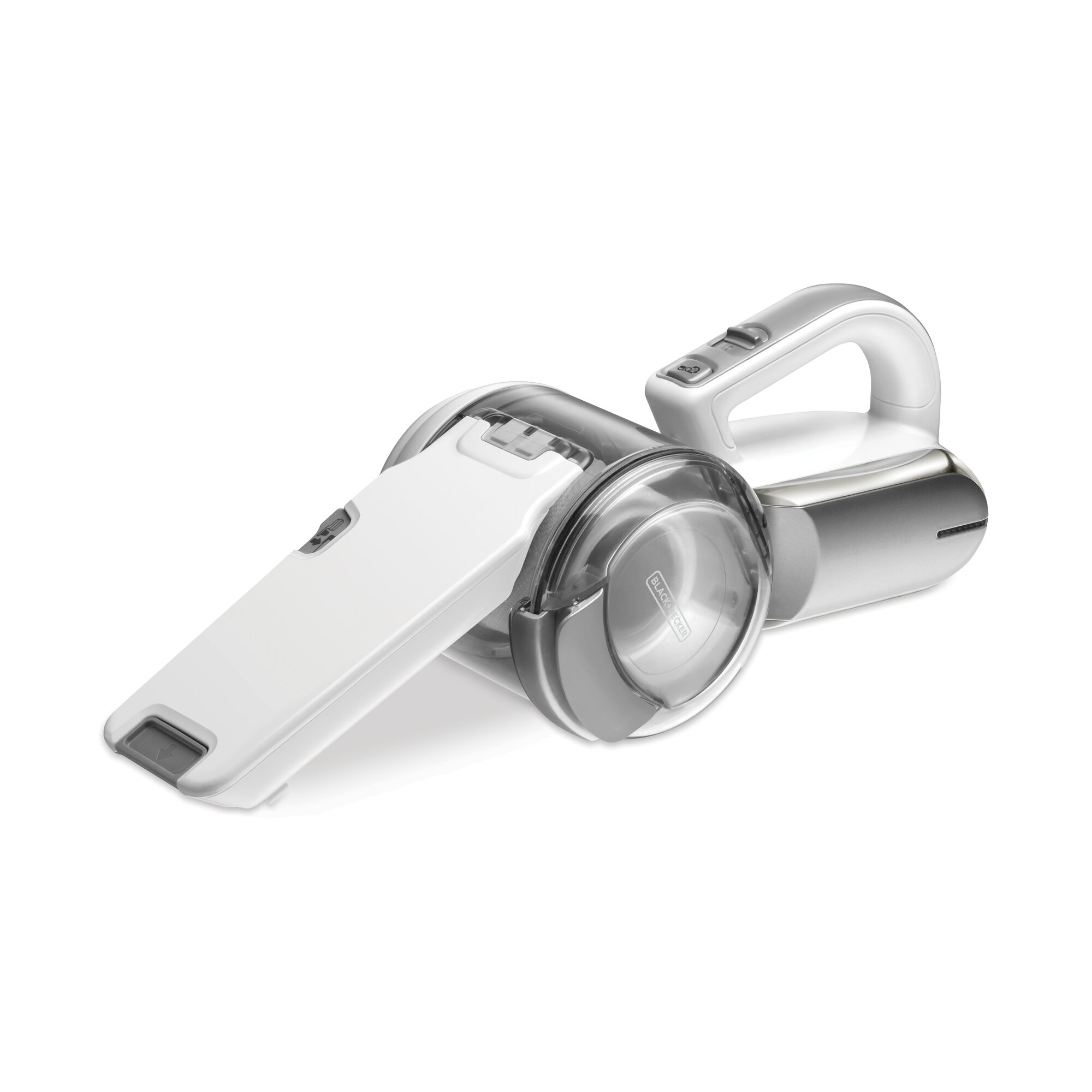 BLACK+DECKER PV1020CAC handheld vacuum cleaner, side angle, white and grey design, extended nozzle.