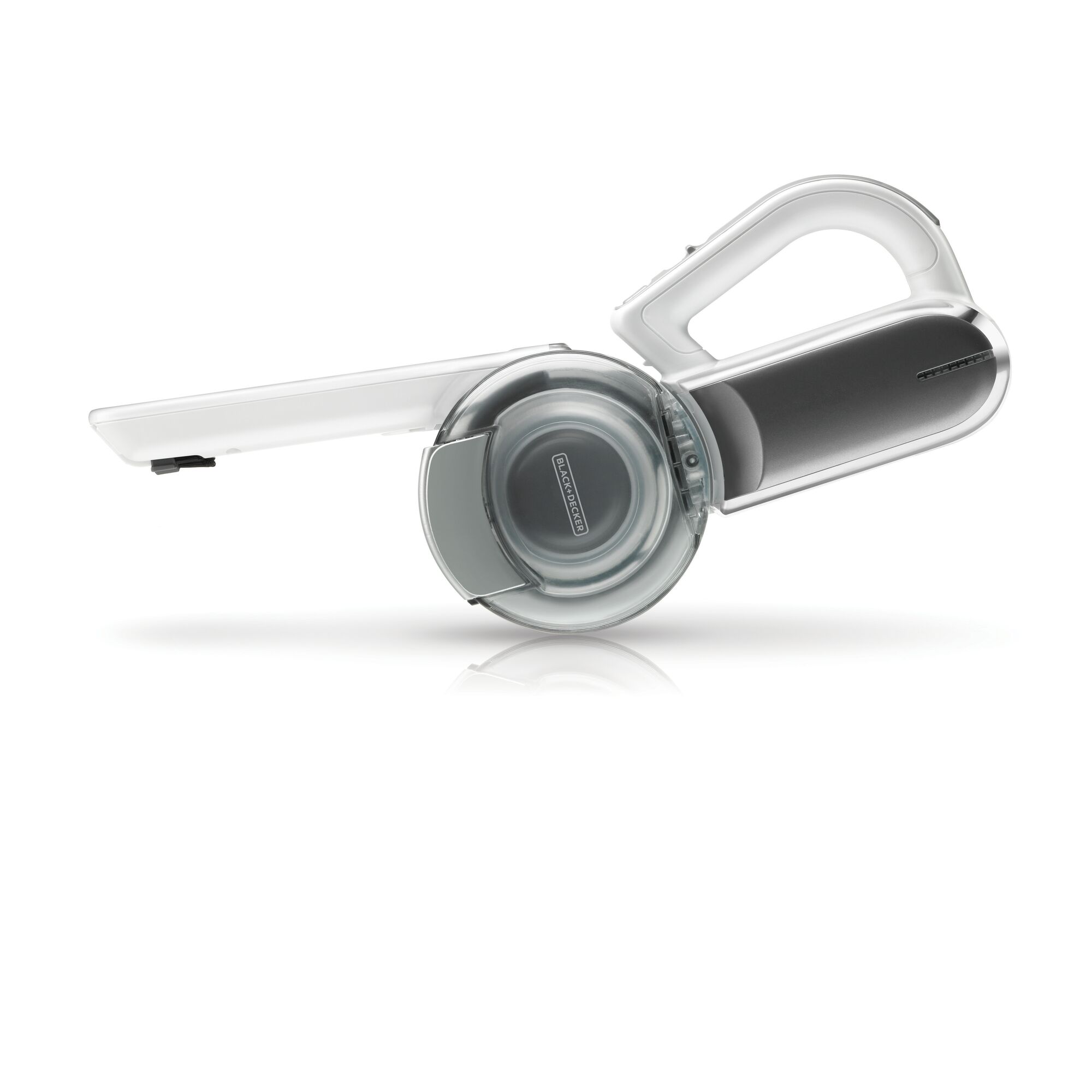 BLACKDECKER PV1020CAC handheld vacuum cleaner side view on white background, sleek silver and black design.