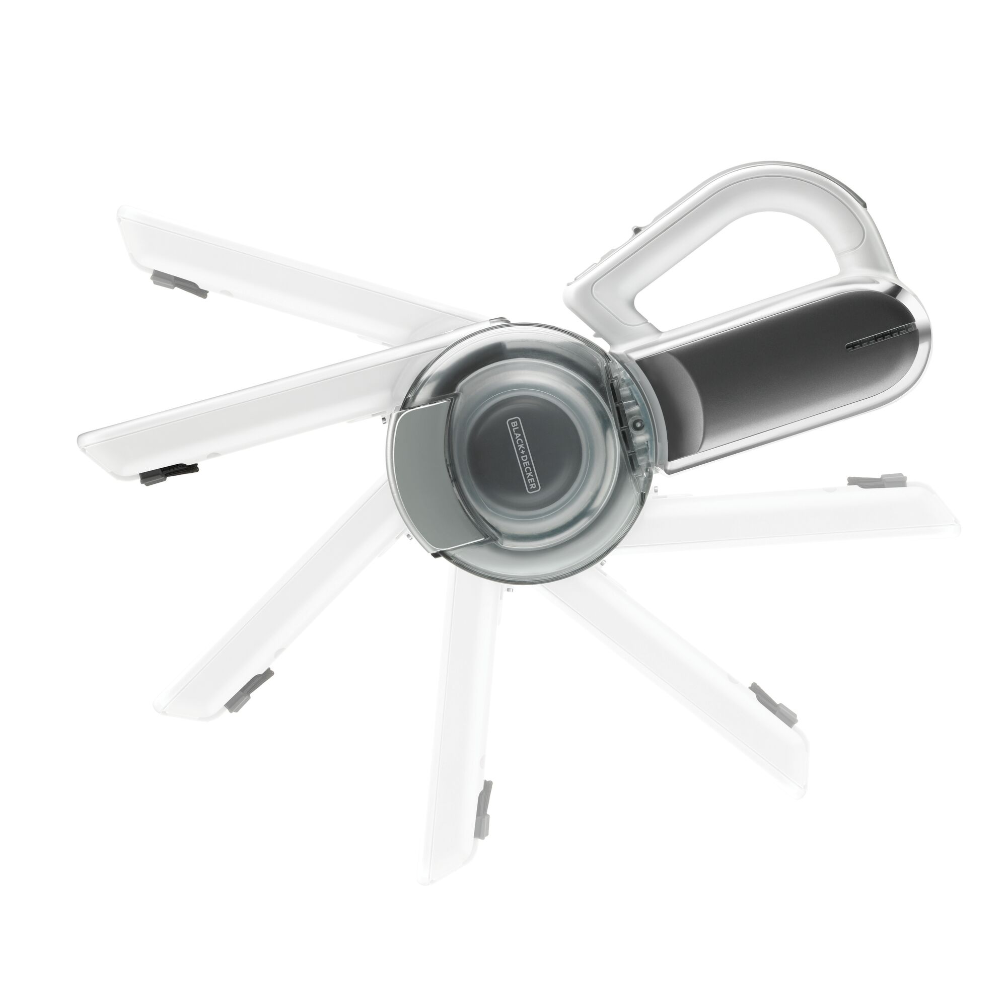 BLACKDECKER PV1020CAC handheld vacuum cleaner with pivoting nozzle shown in multiple positions on white background.