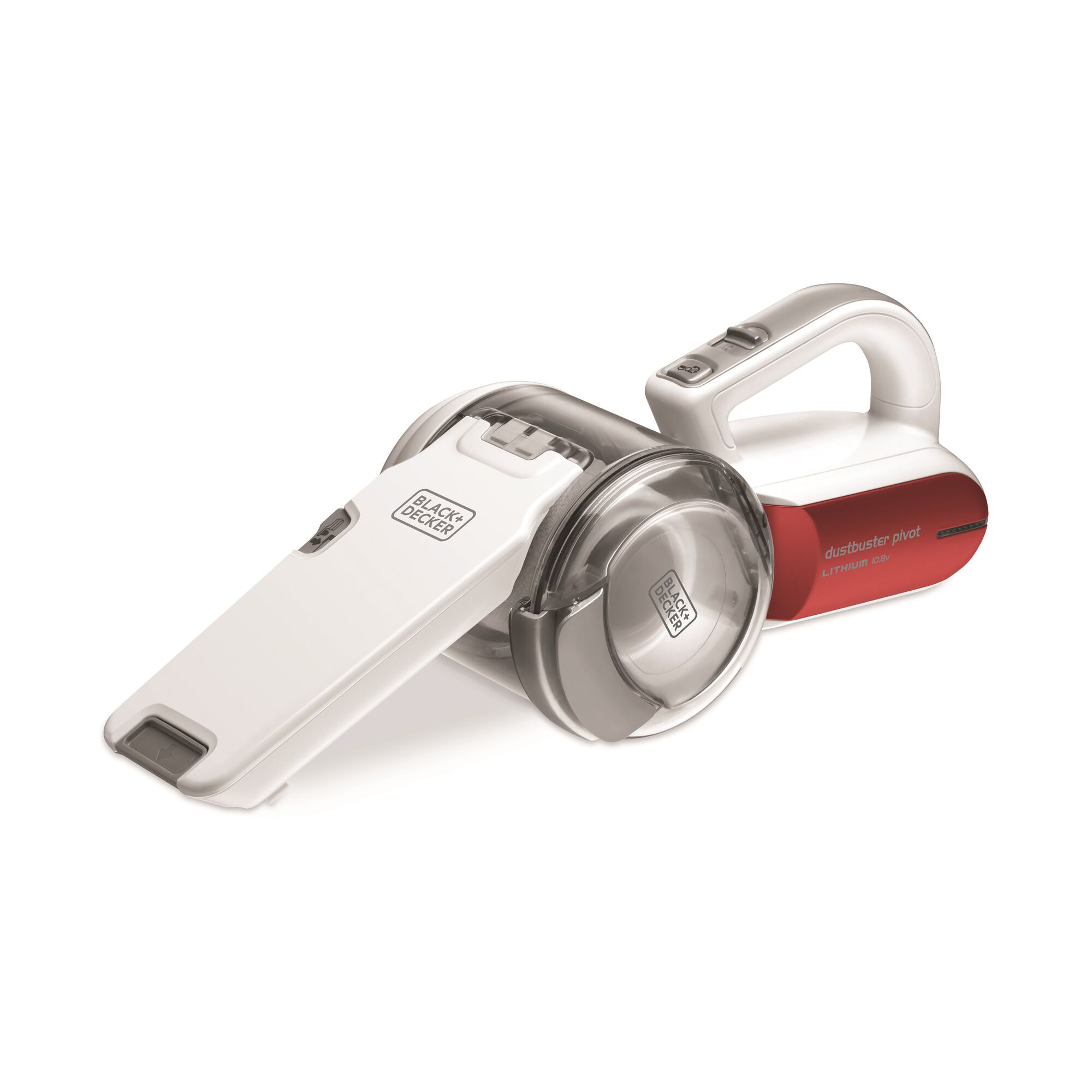 A BLACK+DECKER dustbuster pivot lithium handheld vacuum cleaner in white and red color, shown extended with its nozzle and handle visible.