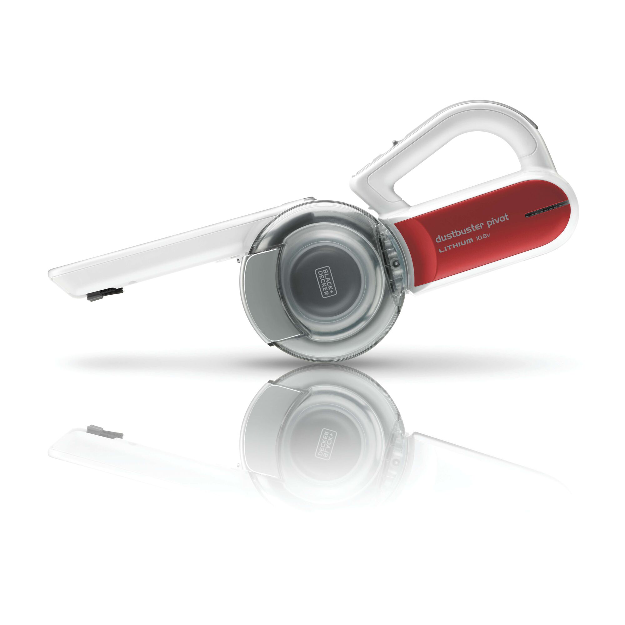 A BLACK+DECKER dustbuster pivot lithium handheld vacuum cleaner with a red and white body, shown in a side view with its nozzle extended.