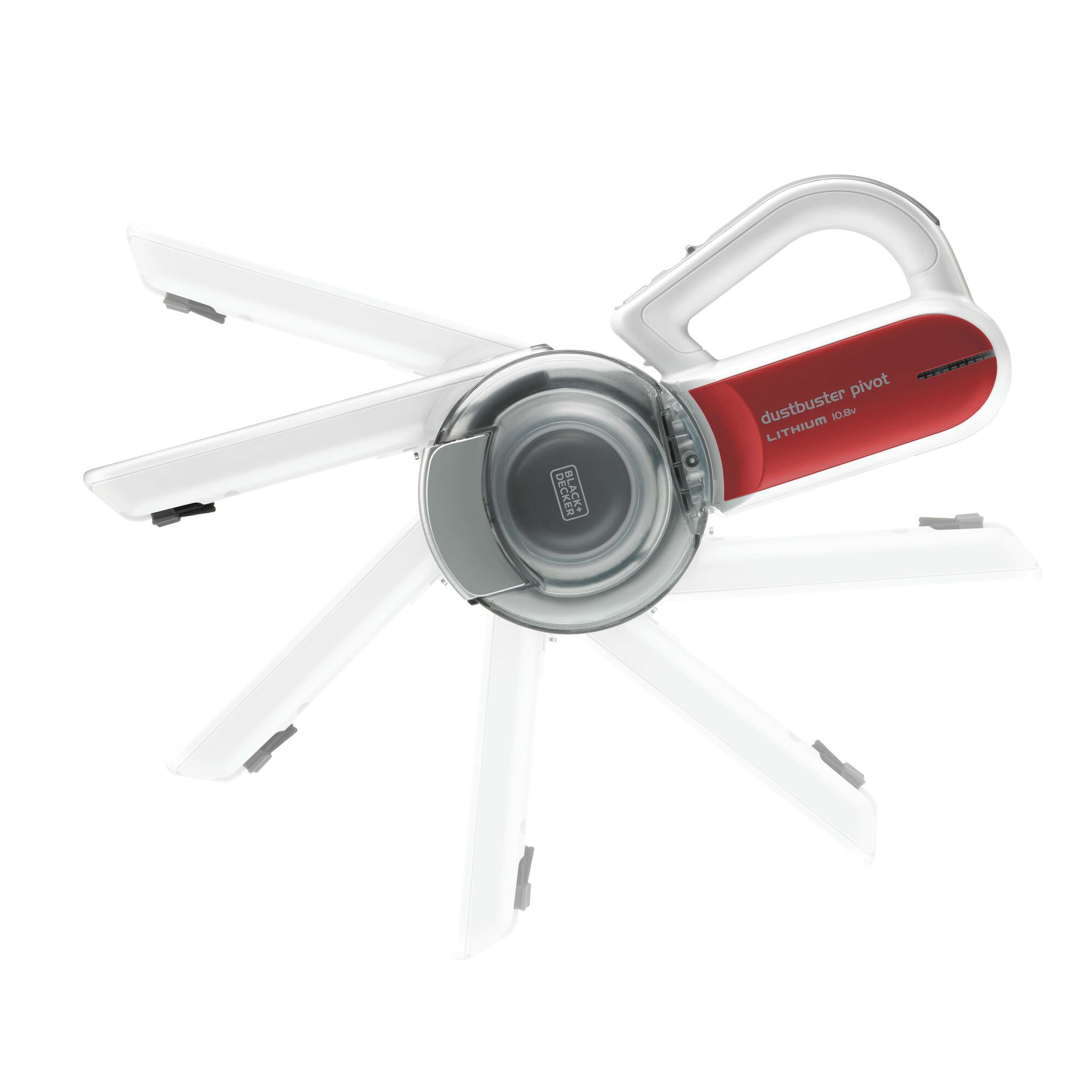 A BLACK+DECKER dustbuster pivot handheld vacuum cleaner with a red and silver body, showing its pivoting nozzle mechanism at multiple angles.