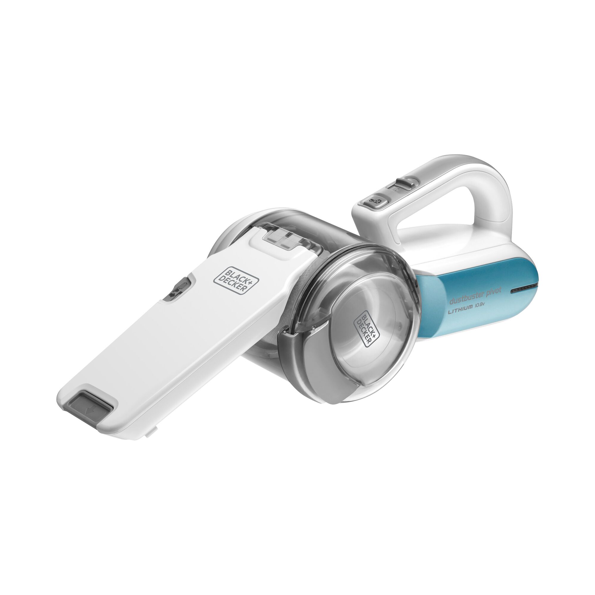 BLACK+DECKER PV1020L handheld vacuum, white and blue, side angle on white background.