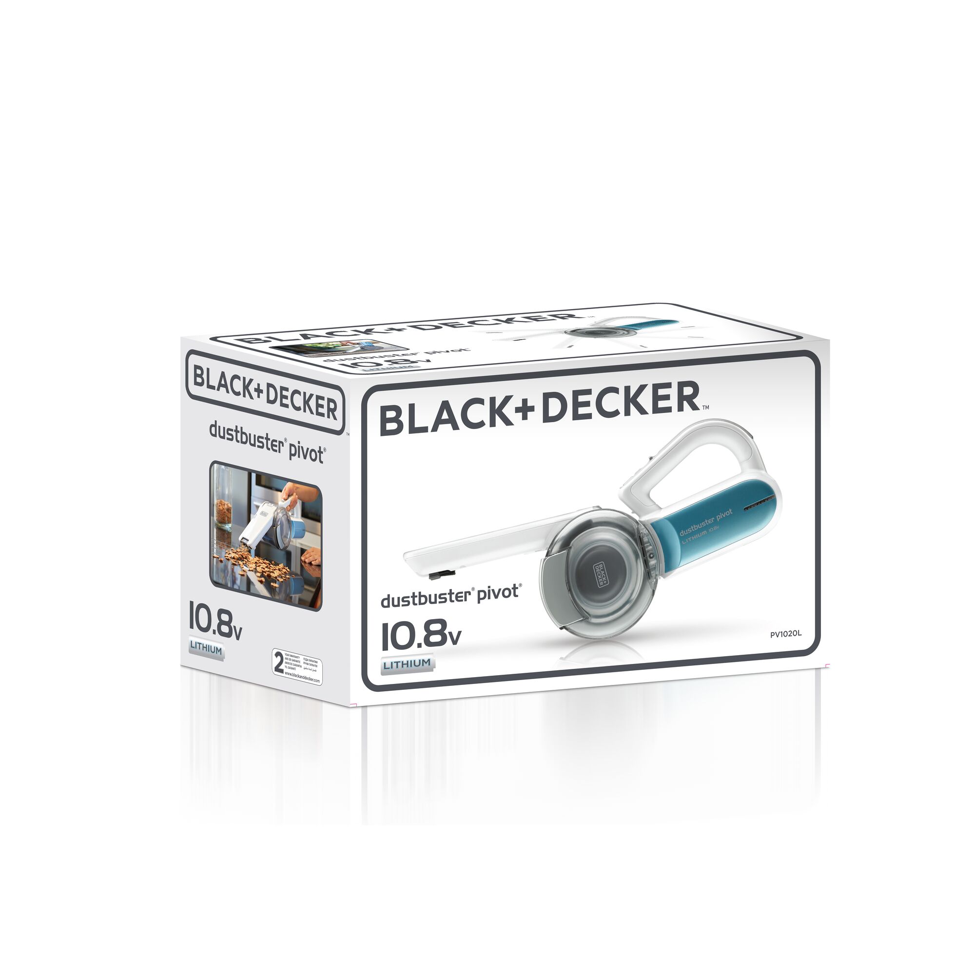 BLACK+DECKER PV1020L dustbuster pivot 10.8V lithium handheld vacuum box, front angle.