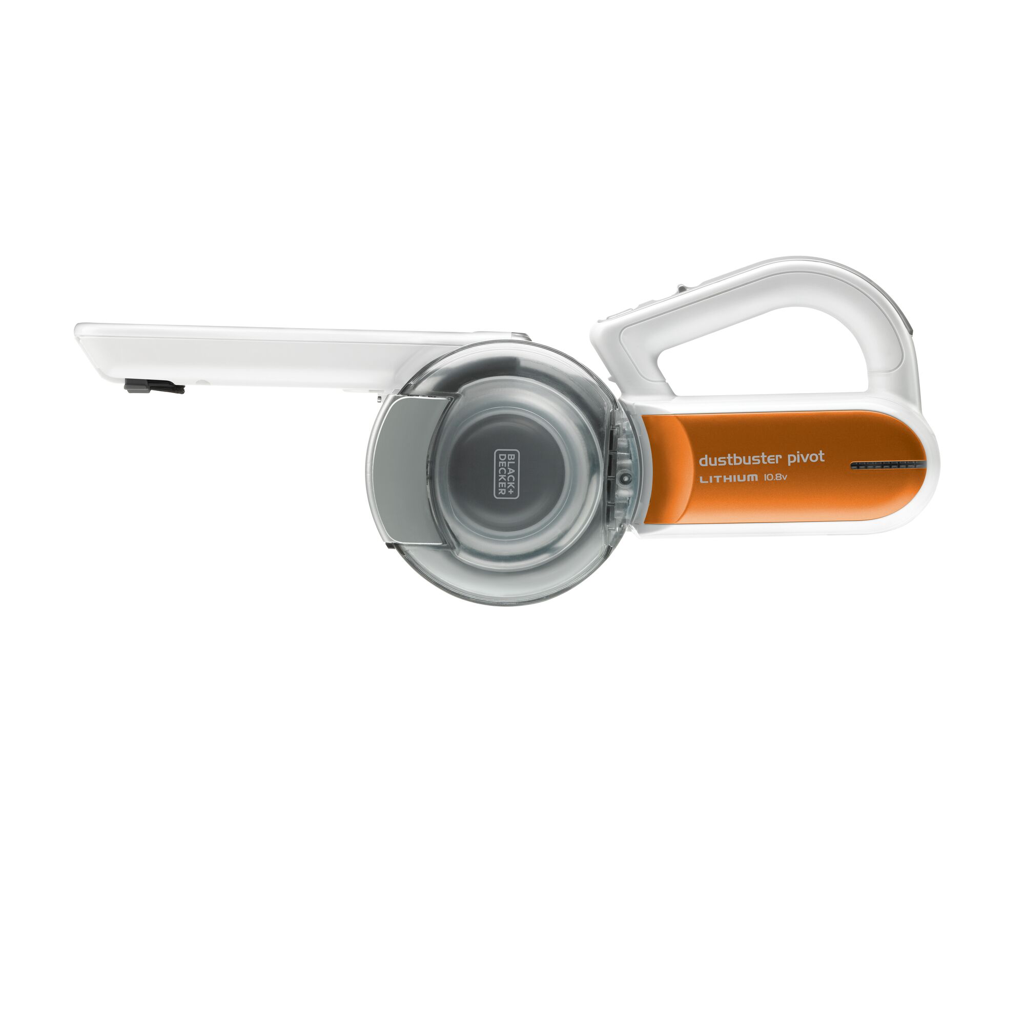 BLACKDECKER PV1020O handheld vacuum cleaner, orange and white, side angle on white background.