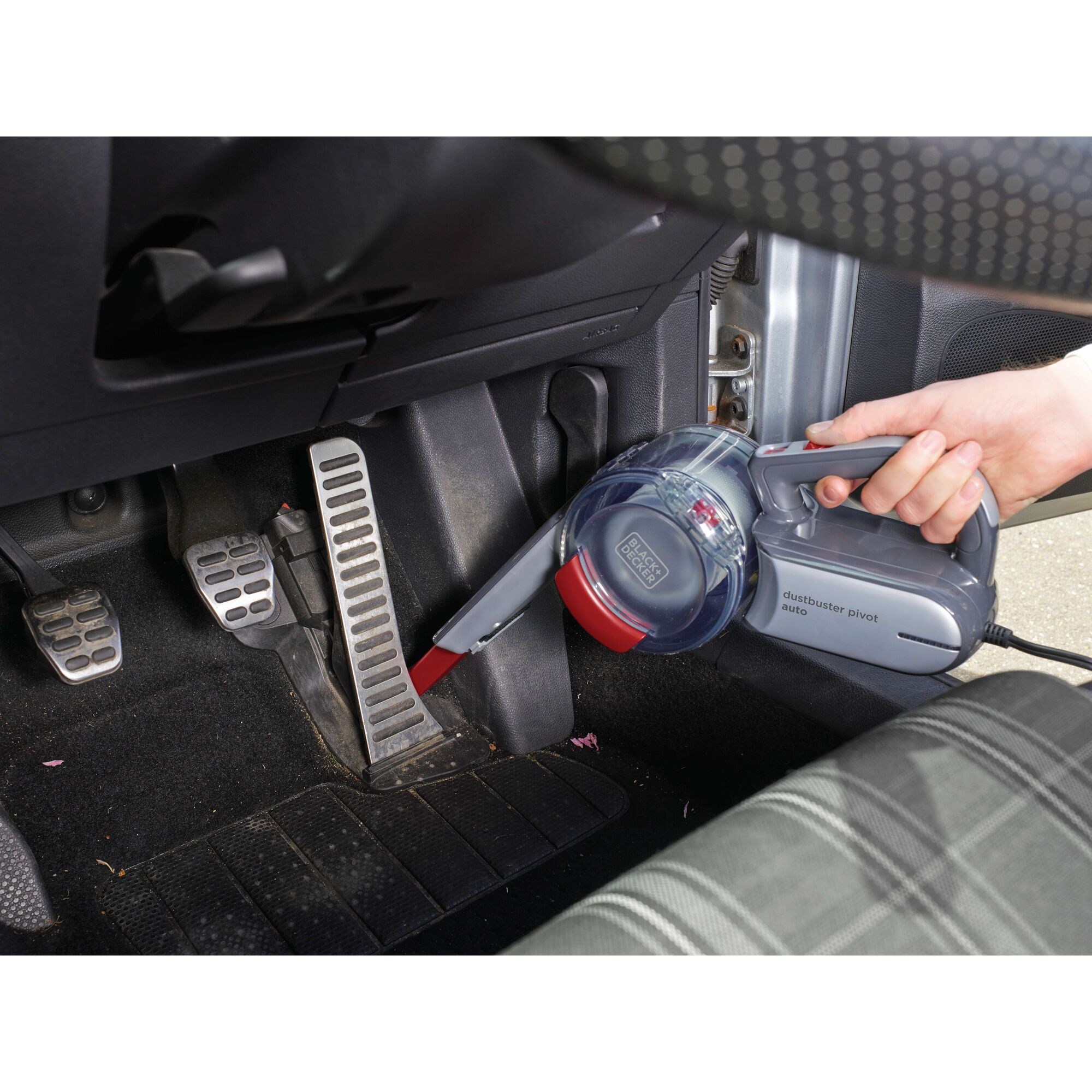 BLACKDECKER PV1200AV handheld vacuum cleaning car pedals in close-up side view.