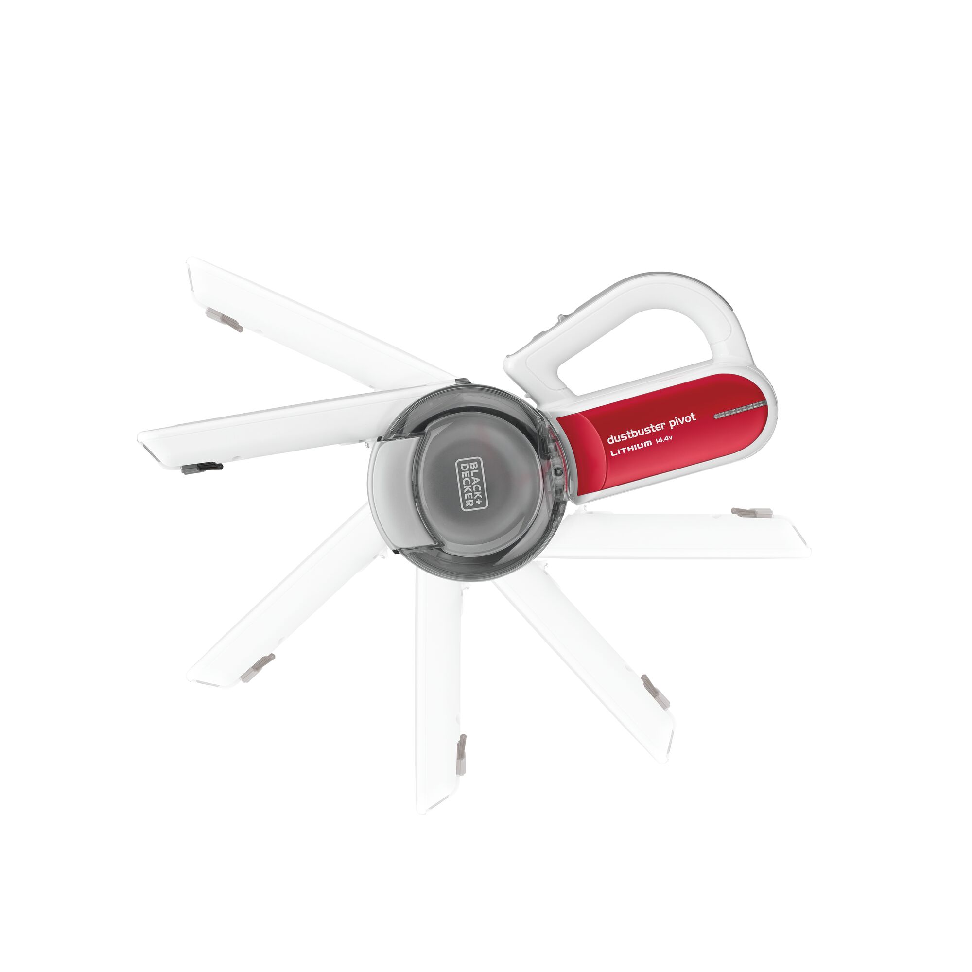 BLACKDECKER PV1420MEXT-KR handheld vacuum cleaner with pivoting nozzle, red and white, side angle photo
