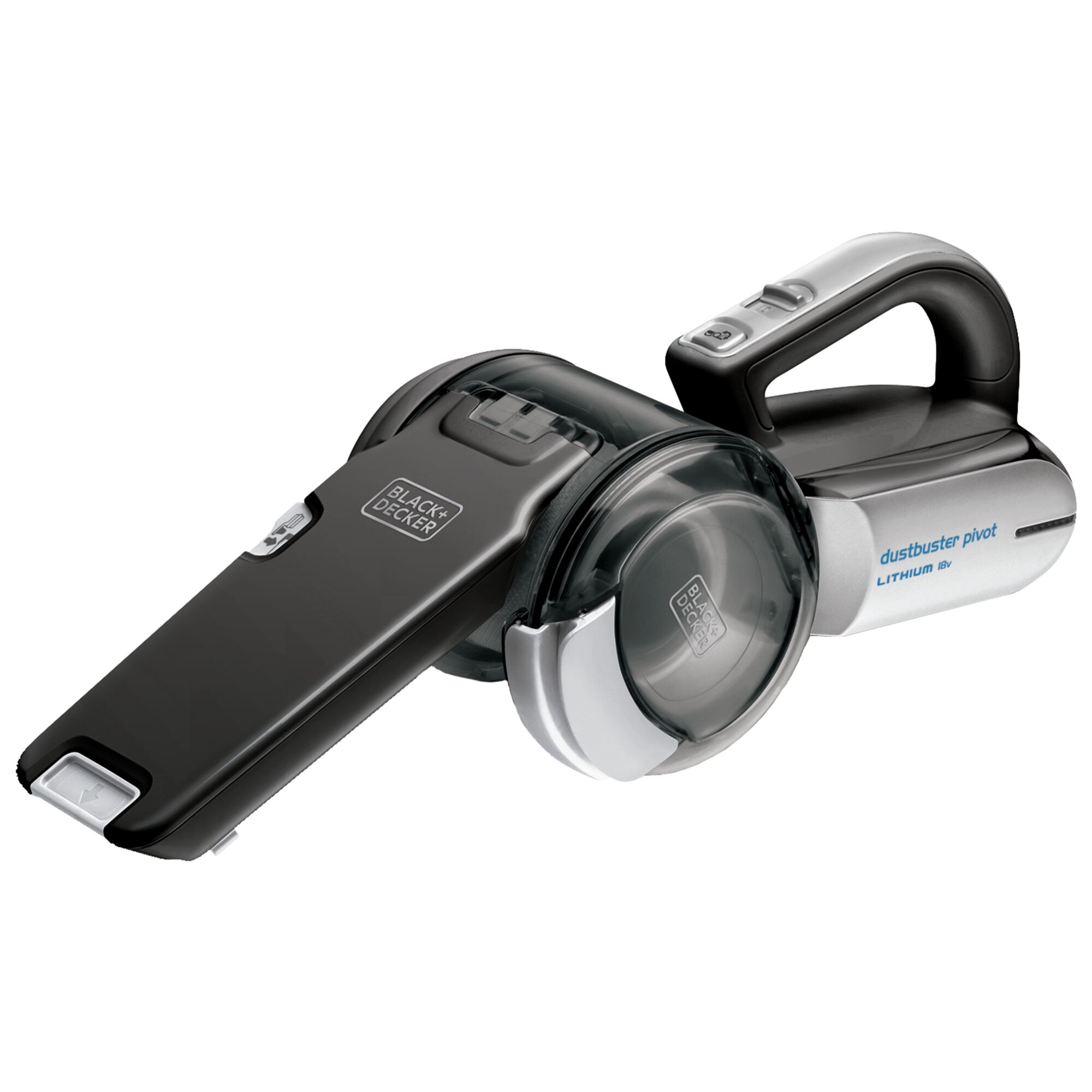 BLACKDECKER PV1820BK handheld vacuum cleaner, black and silver, side angle on white background.