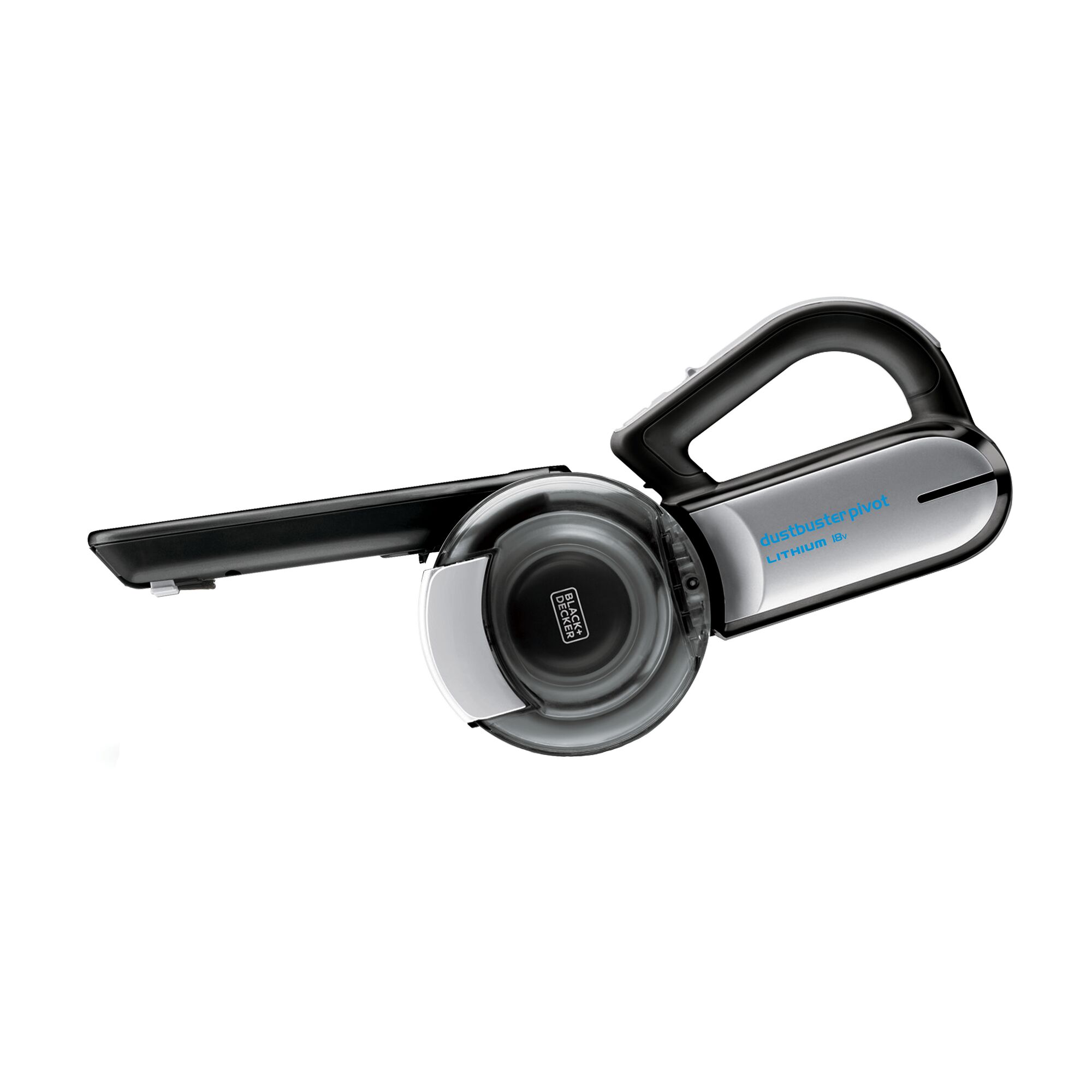 BLACK+DECKER PV1820BK handheld vacuum cleaner, black and silver, side angle on white background.