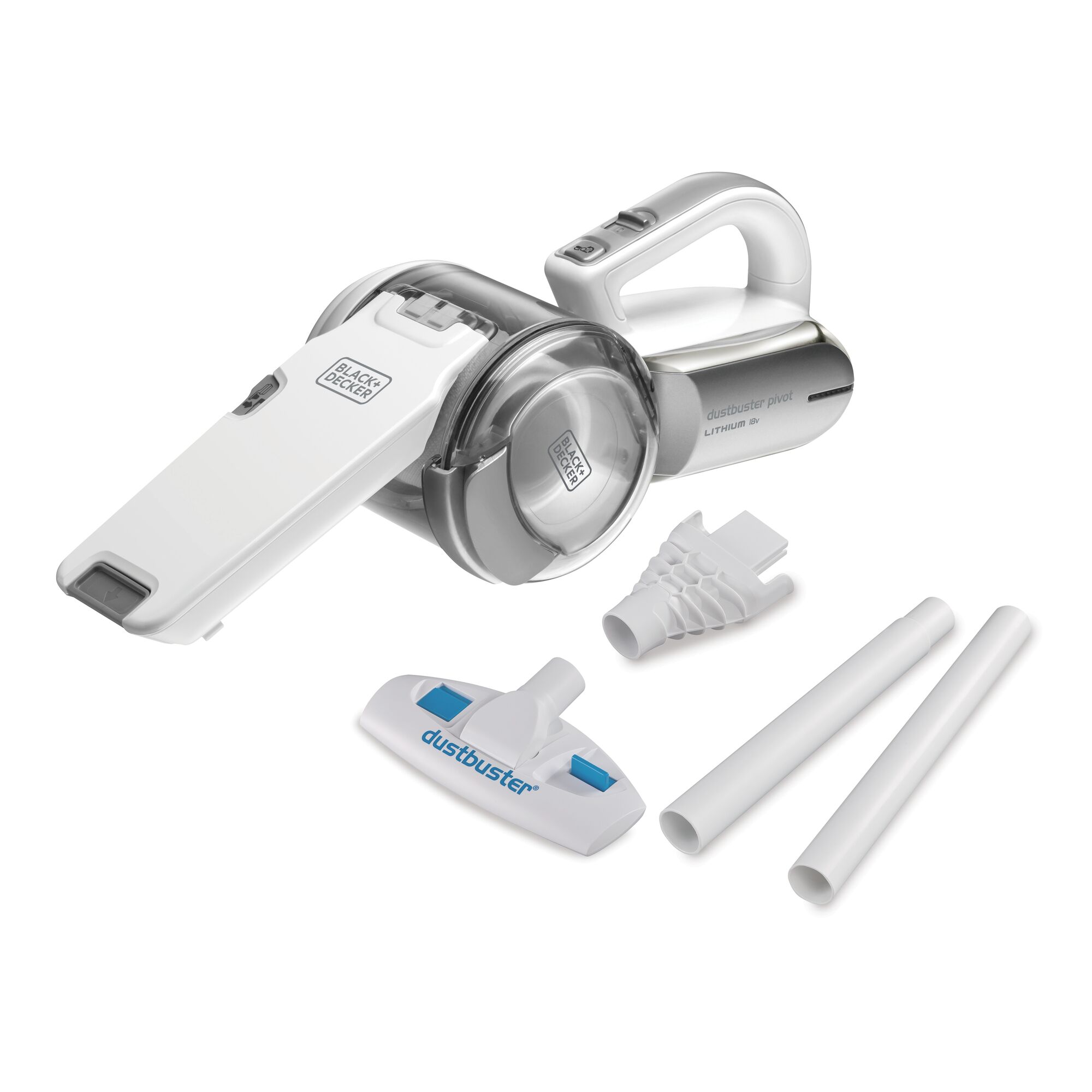 BLACKDECKER PV1820CEXT white handheld vacuum cleaner with attachments, side angle, on white background.