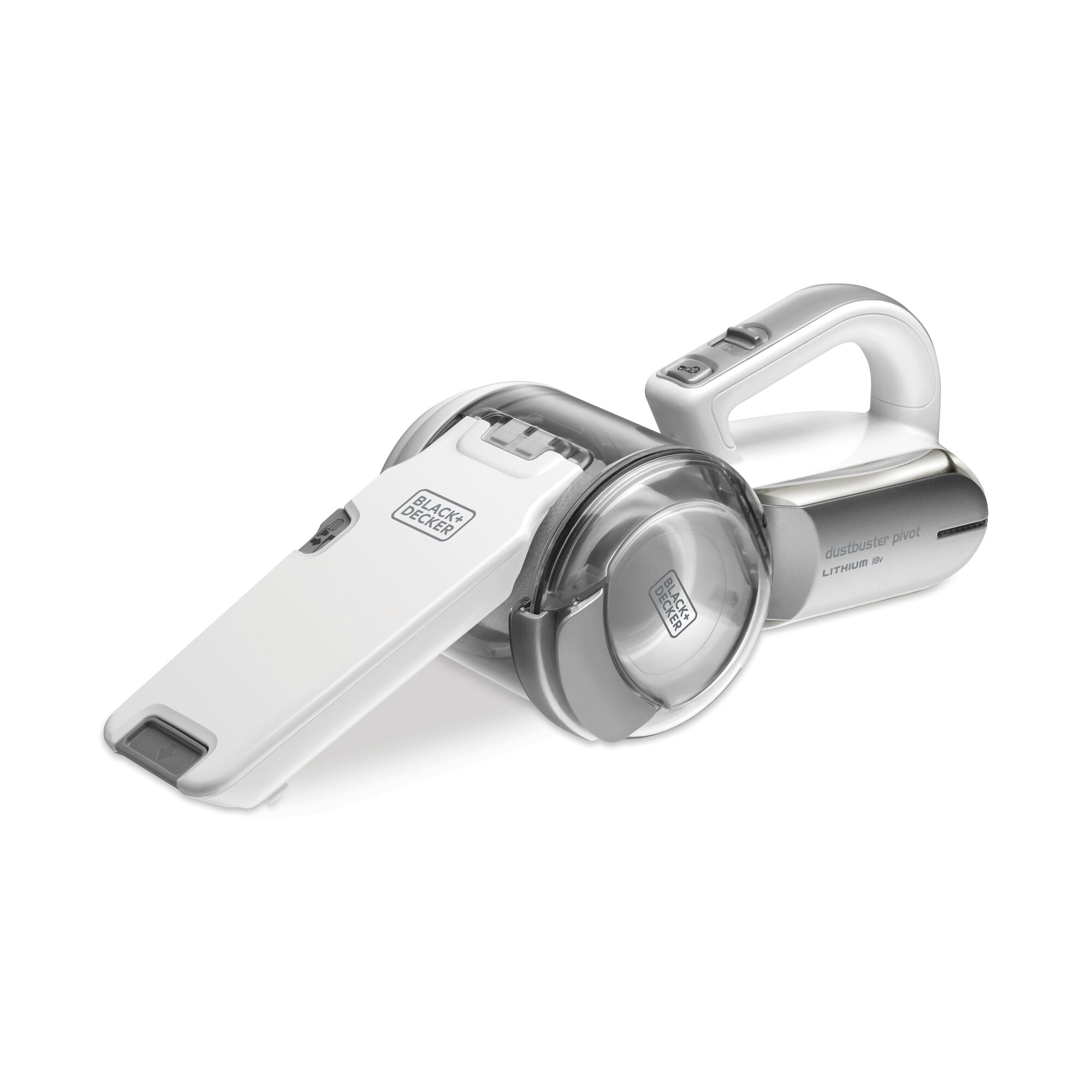 BLACK+DECKER PV1820LF handheld cordless vacuum cleaner in white, side angle on white background.