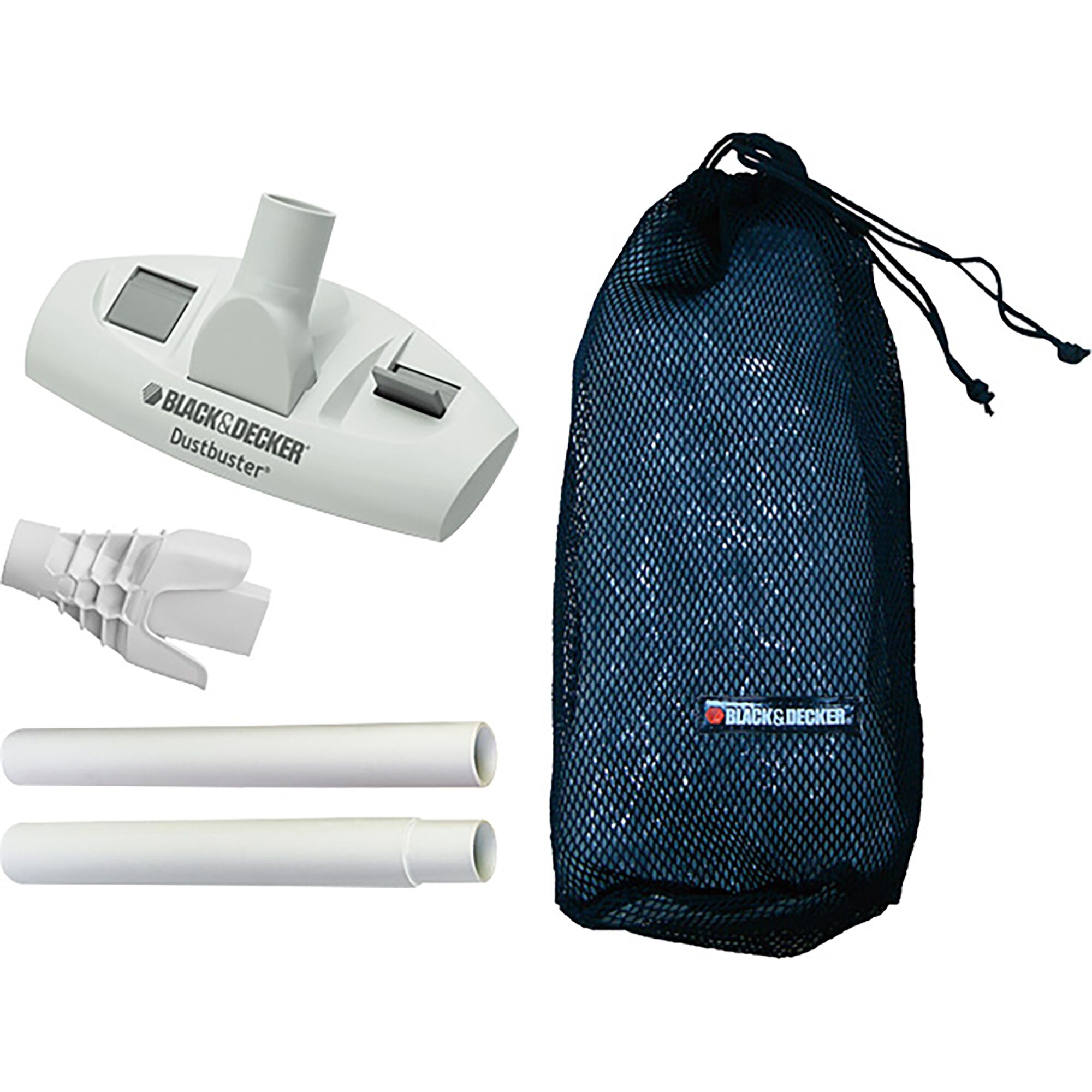 BLACKDECKER PVA02 vacuum accessory kit with nozzle, extension tubes, mesh storage bag, photography, white background.