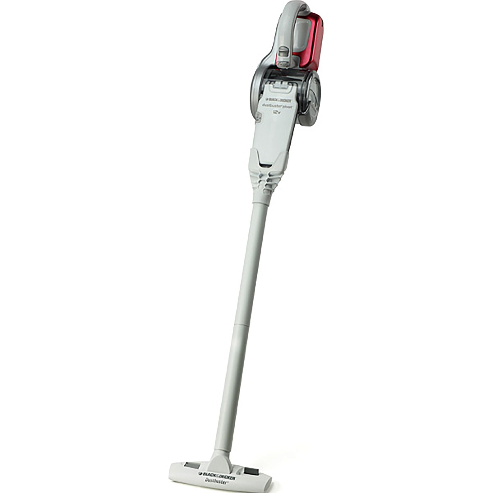 BLACKDECKER PVA02 stick vacuum cleaner, grey with red accents, side angle on white background.