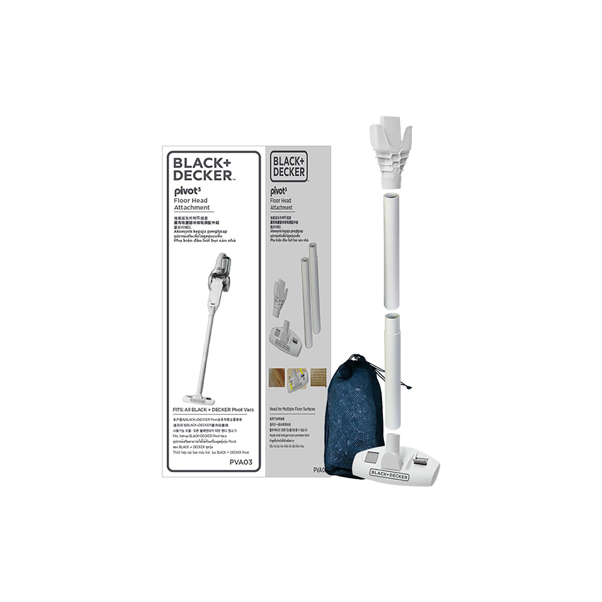 BLACKDECKER PVA03-B1 floor head attachment kit with telescopic pole and carrying bag, front angle.