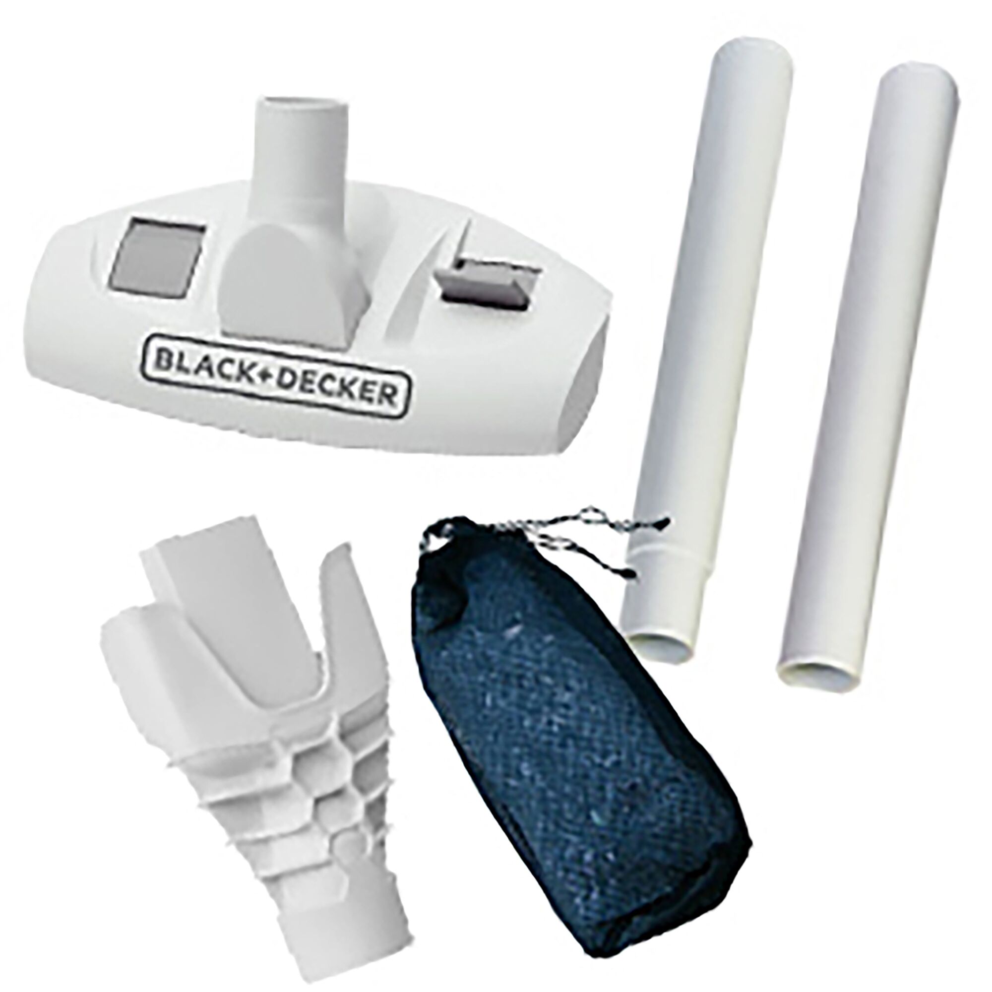 BLACK+DECKER PVA03-B1 vacuum accessory kit with two white extension tubes, adapters, and a mesh bag, top view.