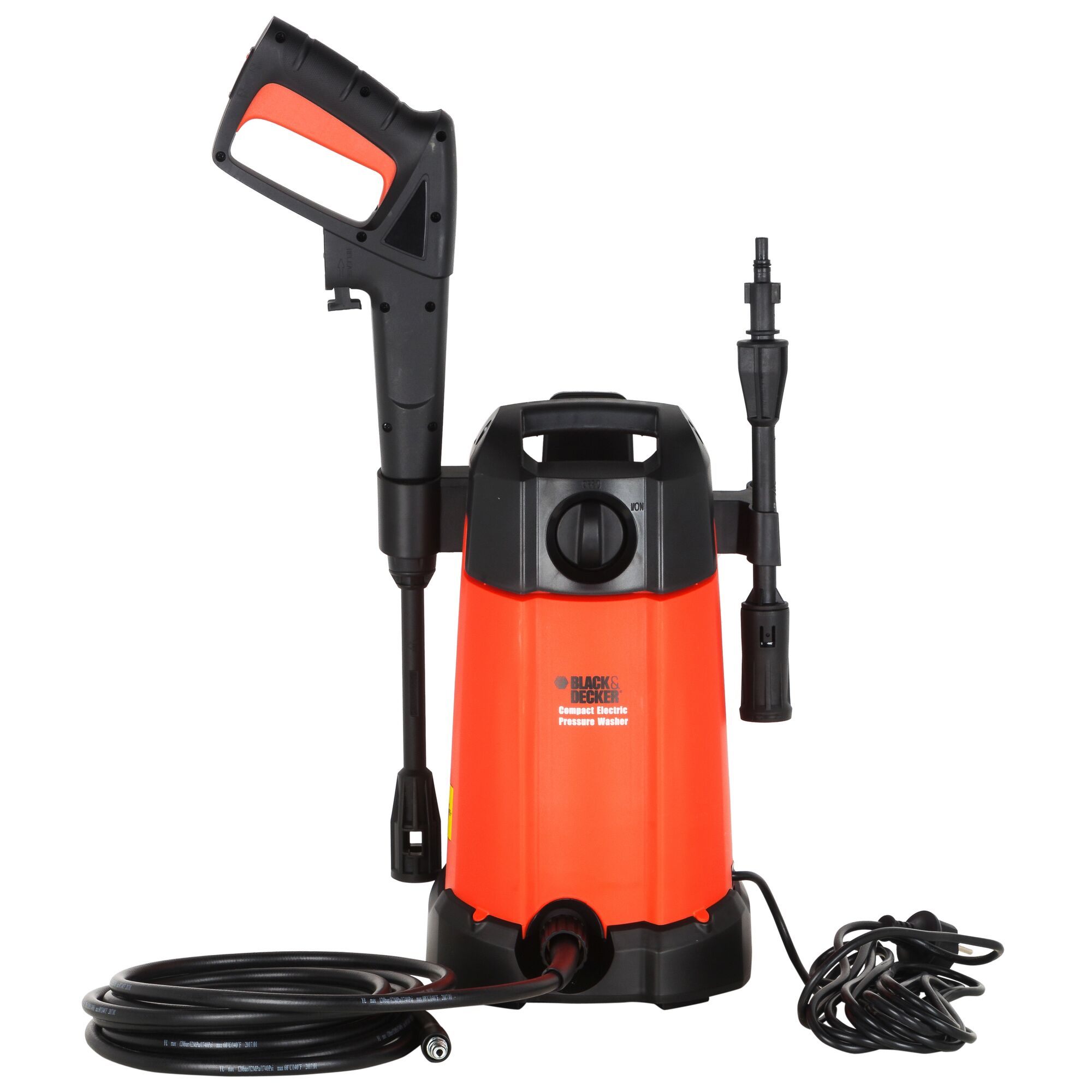 A BLACK+DECKER compact pressure washer with an orange and black body. The device is shown with its spray gun, hose, and power cord positioned in front on a white background.