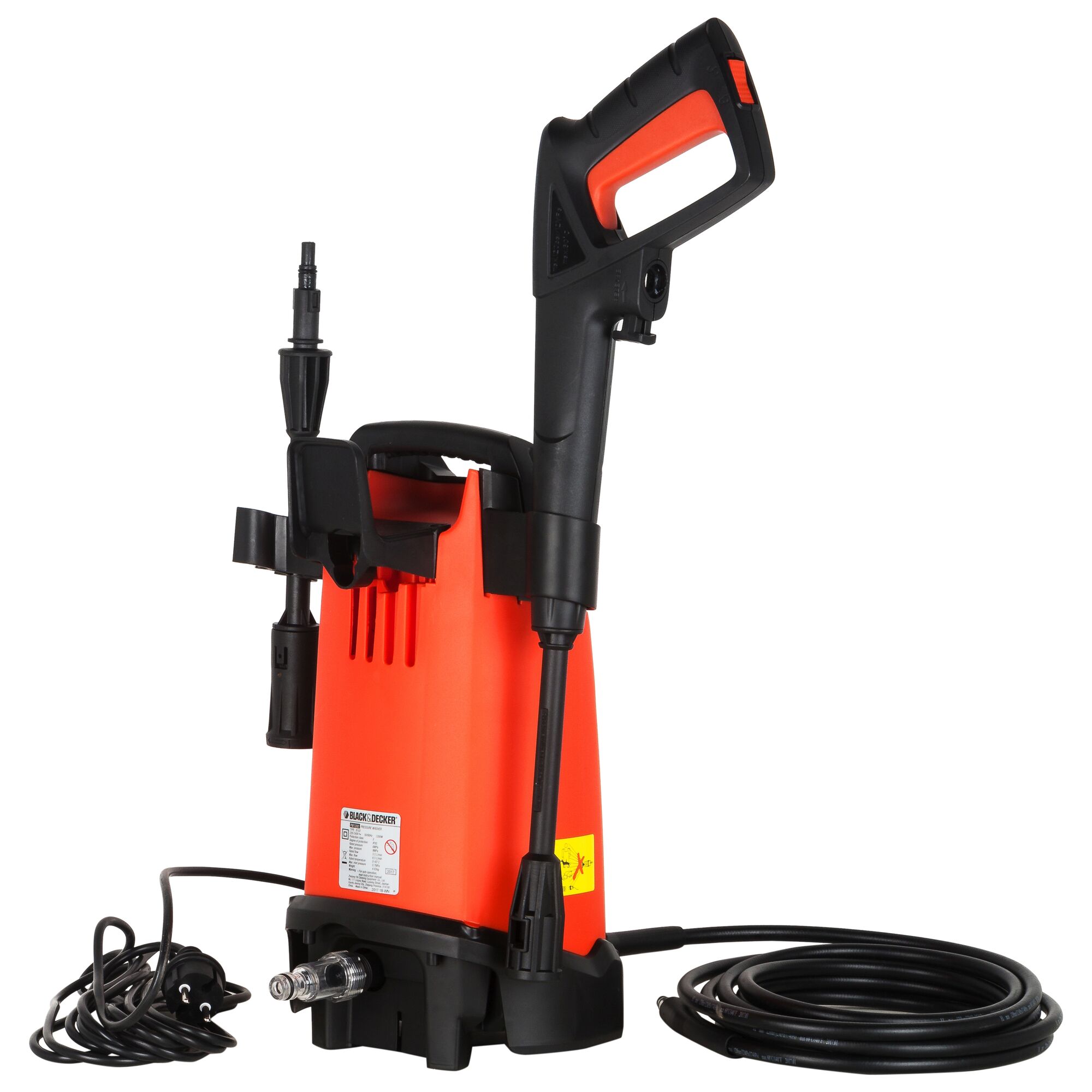 A BLACK+DECKER PW1200-B1 high-pressure washer in bright orange and black color, standing upright. The device features an ergonomic handle, a long hose, an electrical cord, and an attached spray gun.