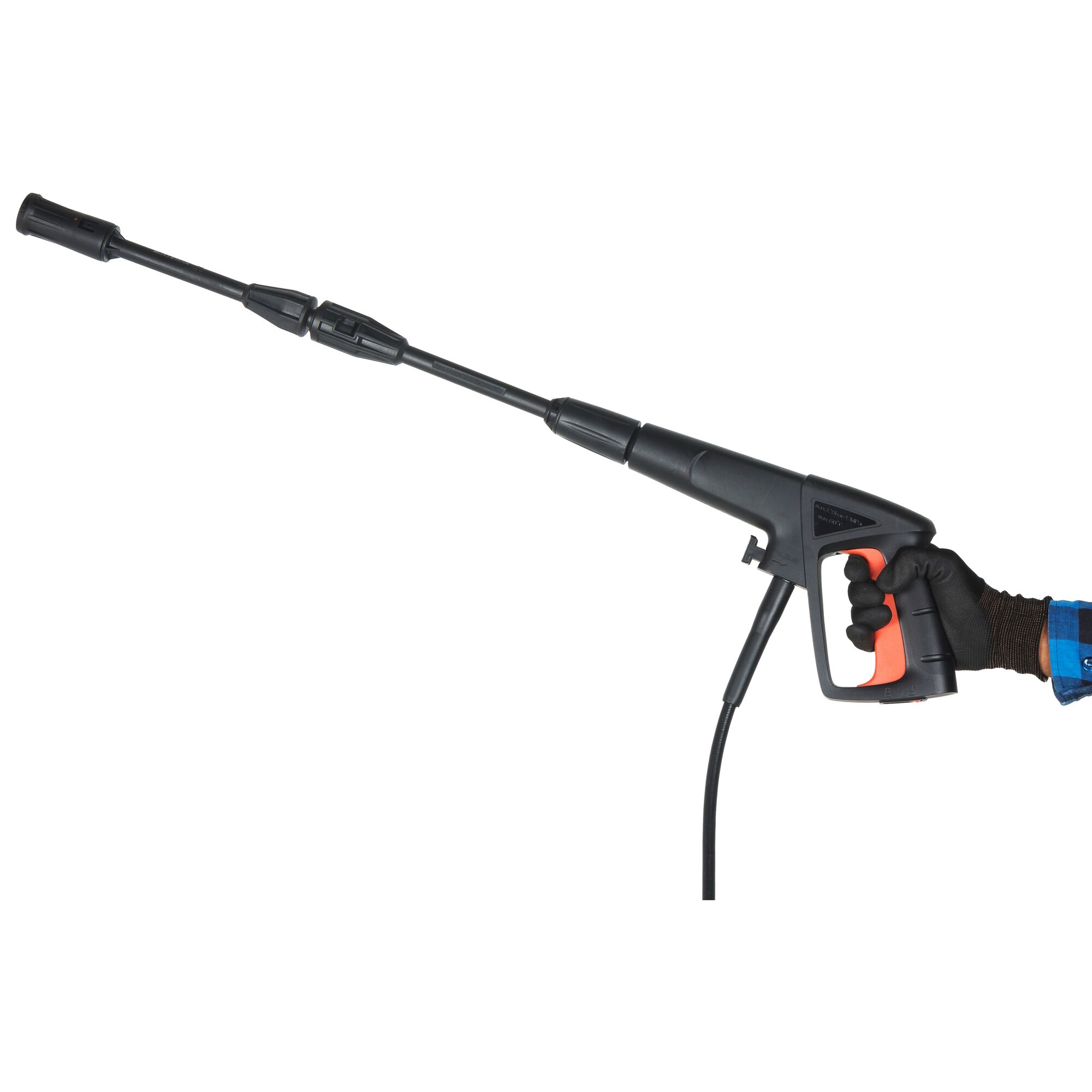 A person wearing a black glove and blue sleeve is holding a BLACK+DECKER electric pressure washer spray gun, shown against a white background.
