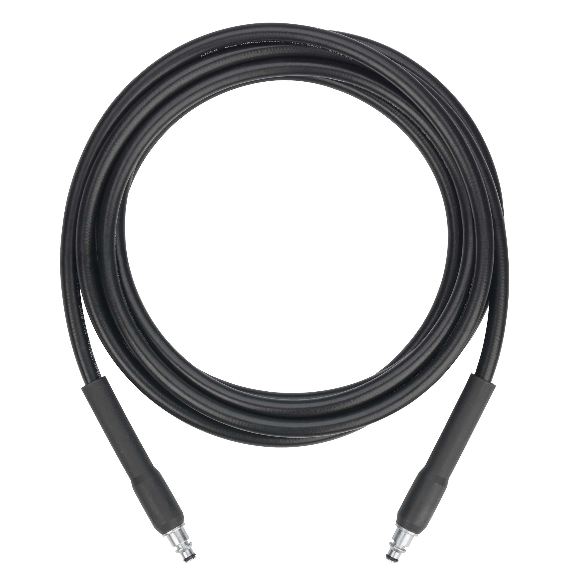 BLACKDECKER PW1370TD pressure washer hose, black, coiled, two metal connectors, front angle, white background