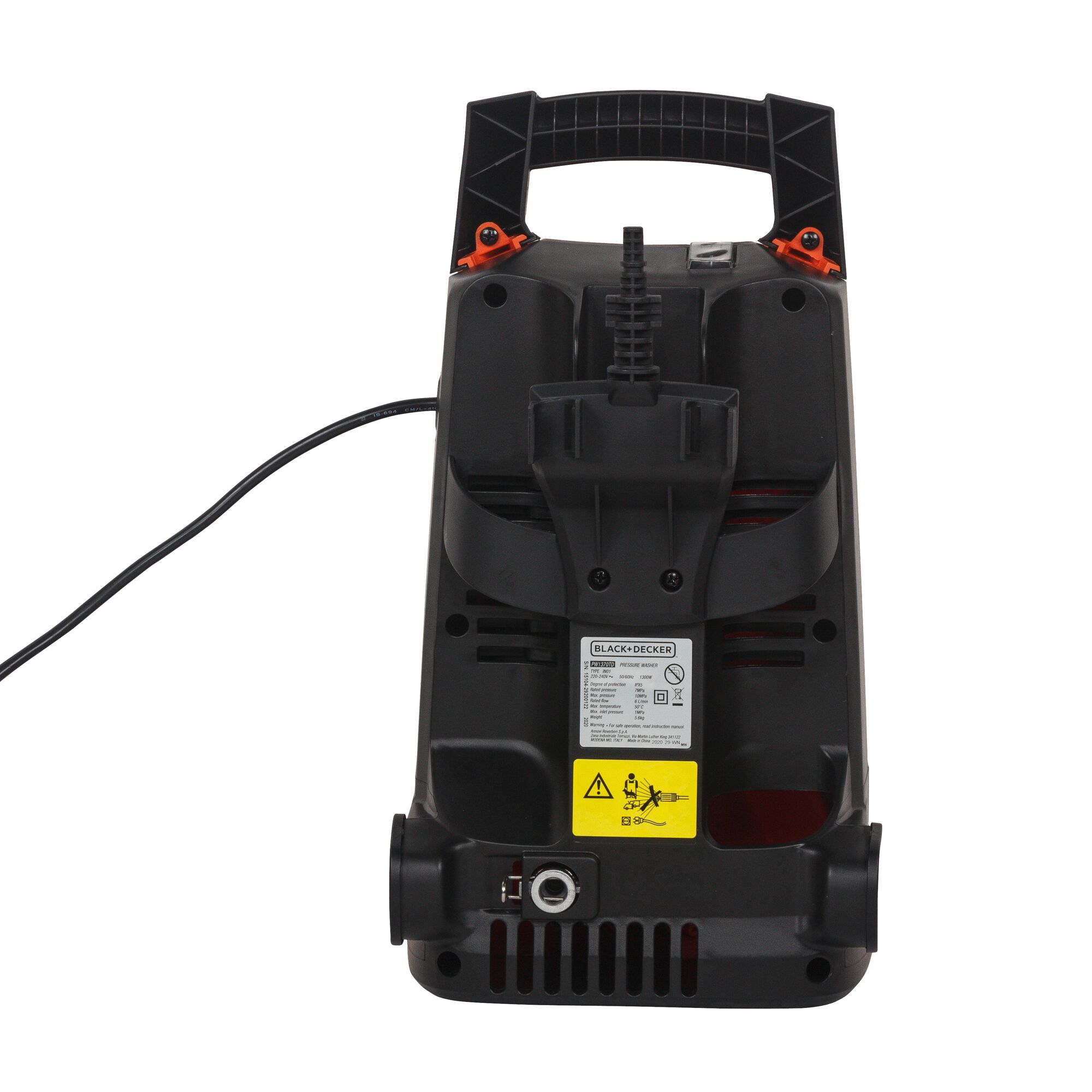 BLACKDECKER PW1370TD pressure washer rear view, black plastic body with handle and cord.