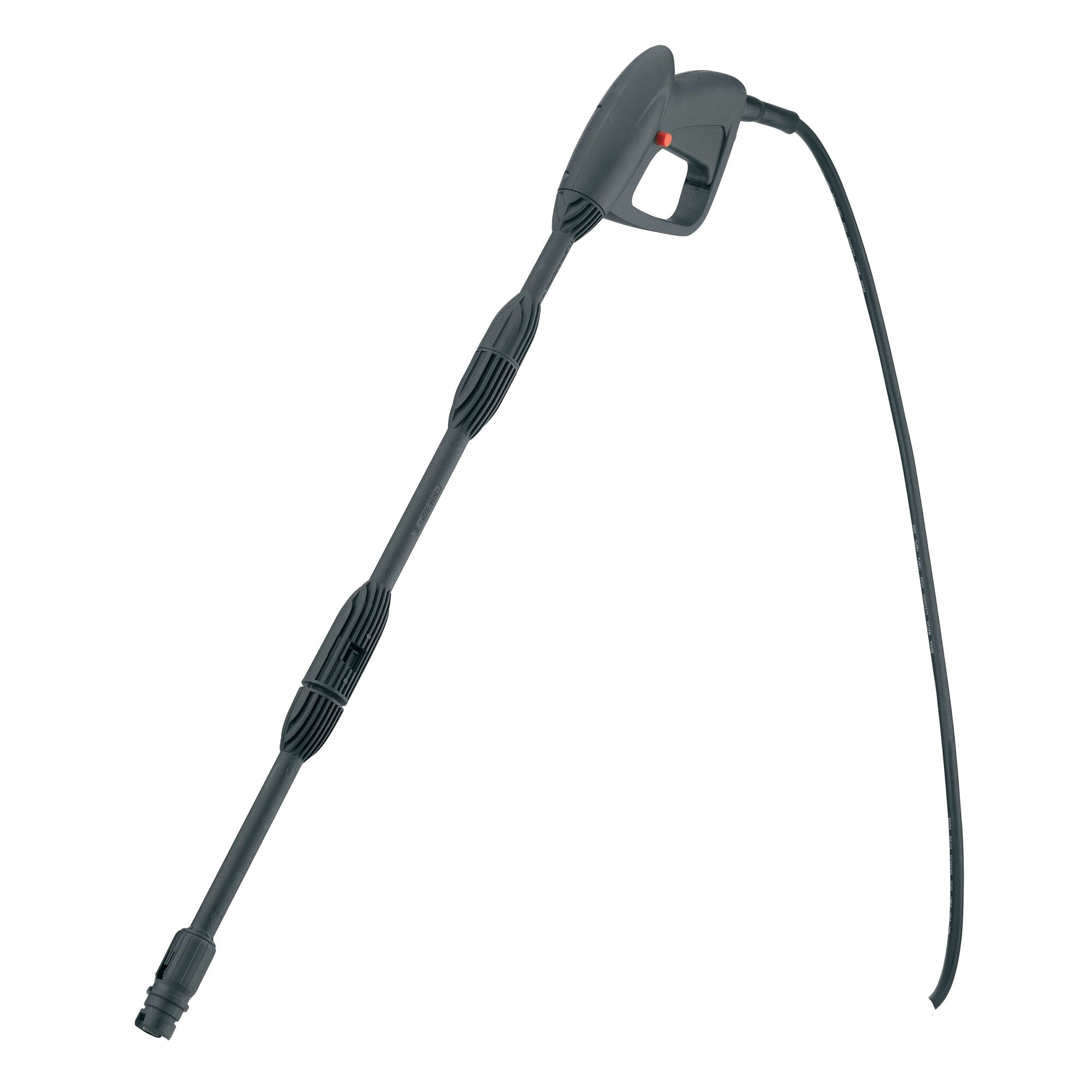 BLACKDECKER PW1370TD black pressure washer trigger gun, side angle, with hose and ergonomic handle