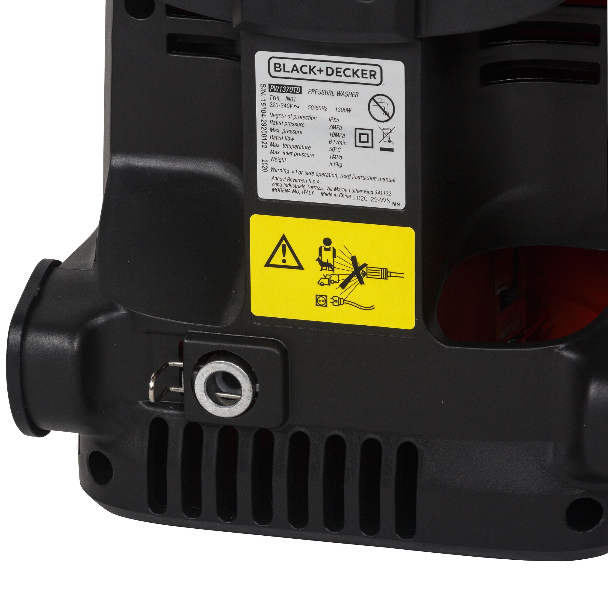 BLACK+DECKER PW1370TD pressure washer base close-up showing label details, ports, and warning sticker, white background.