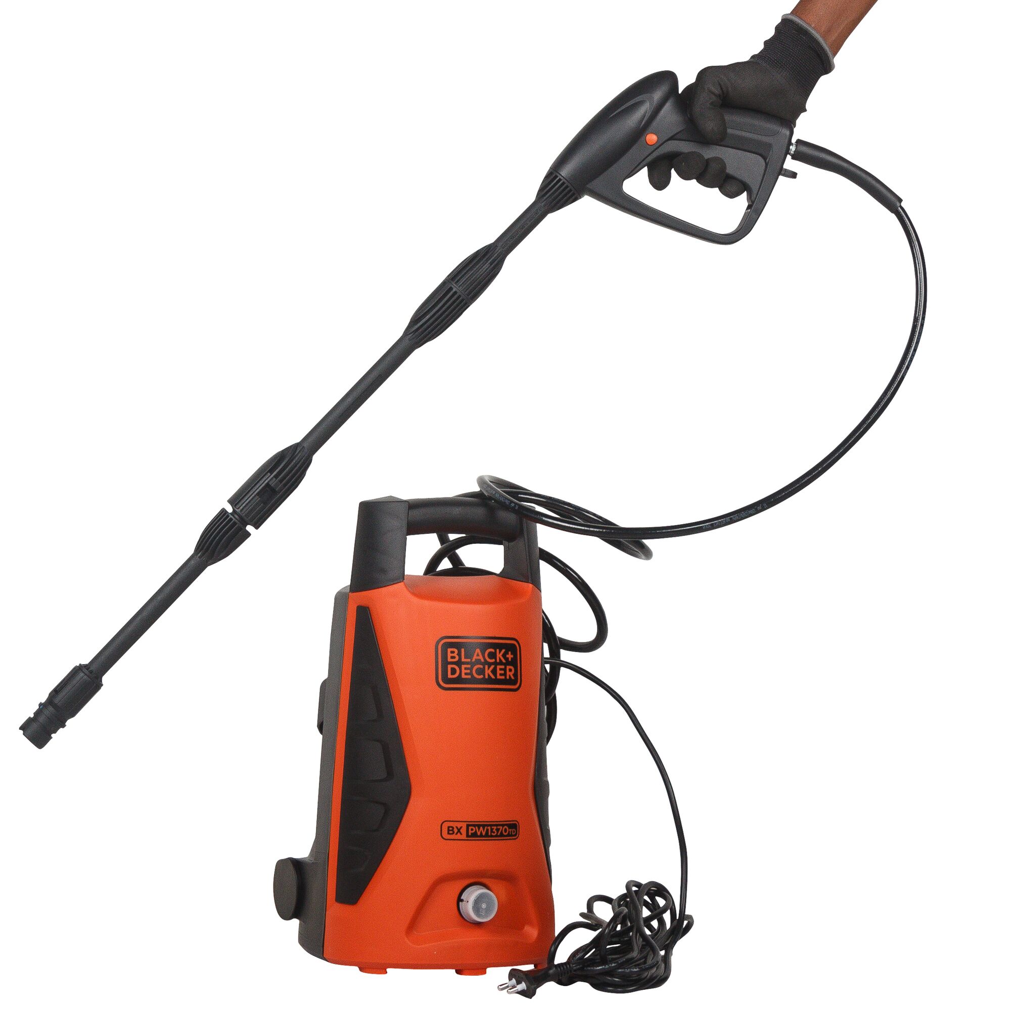 Photo of BLACK+DECKER PW1370TD pressure washer with long black spray gun, orange body, front angle on white background.