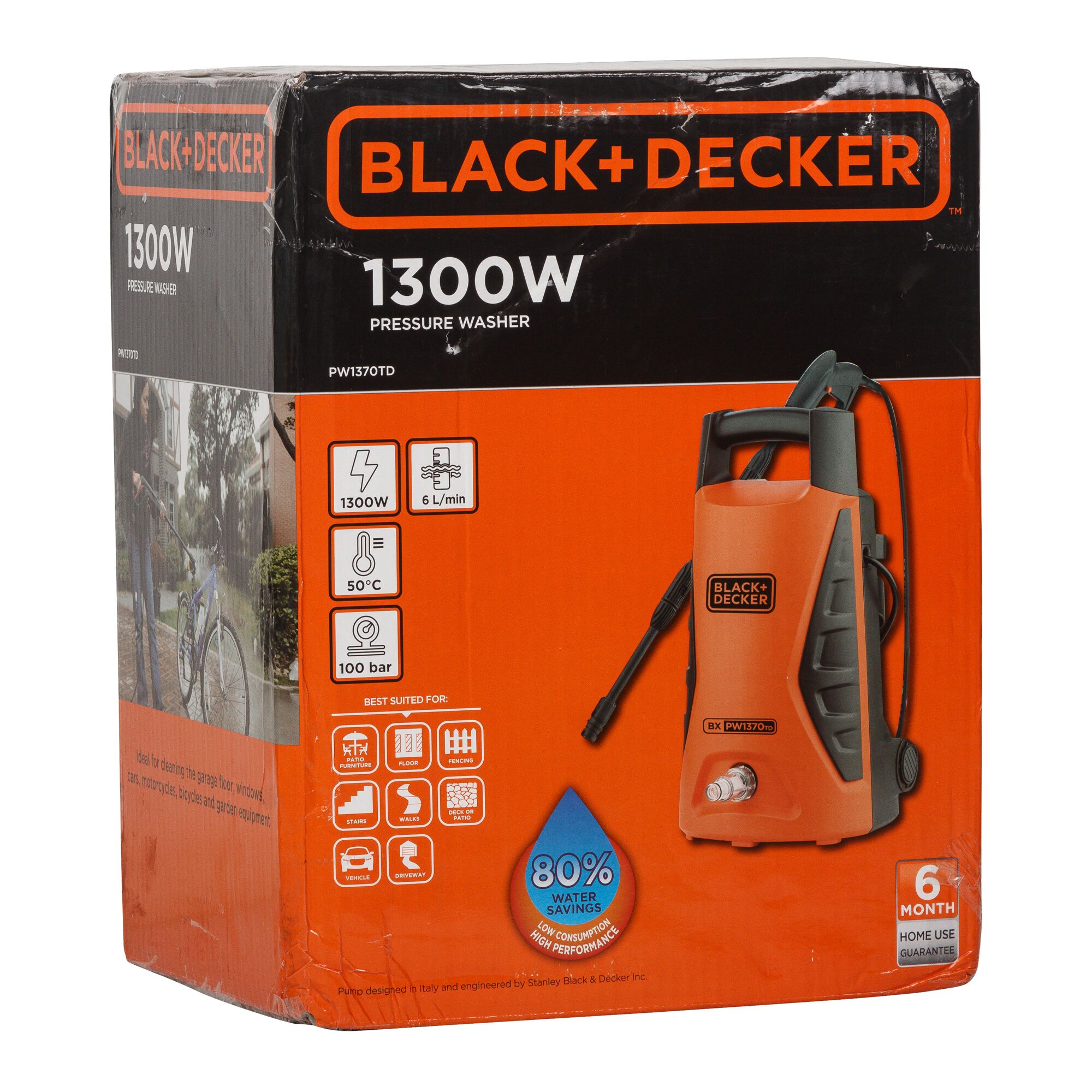 Front angle photo of BLACK+DECKER PW1370TD pressure washer box, showing 1300W, orange unit, features and branding.