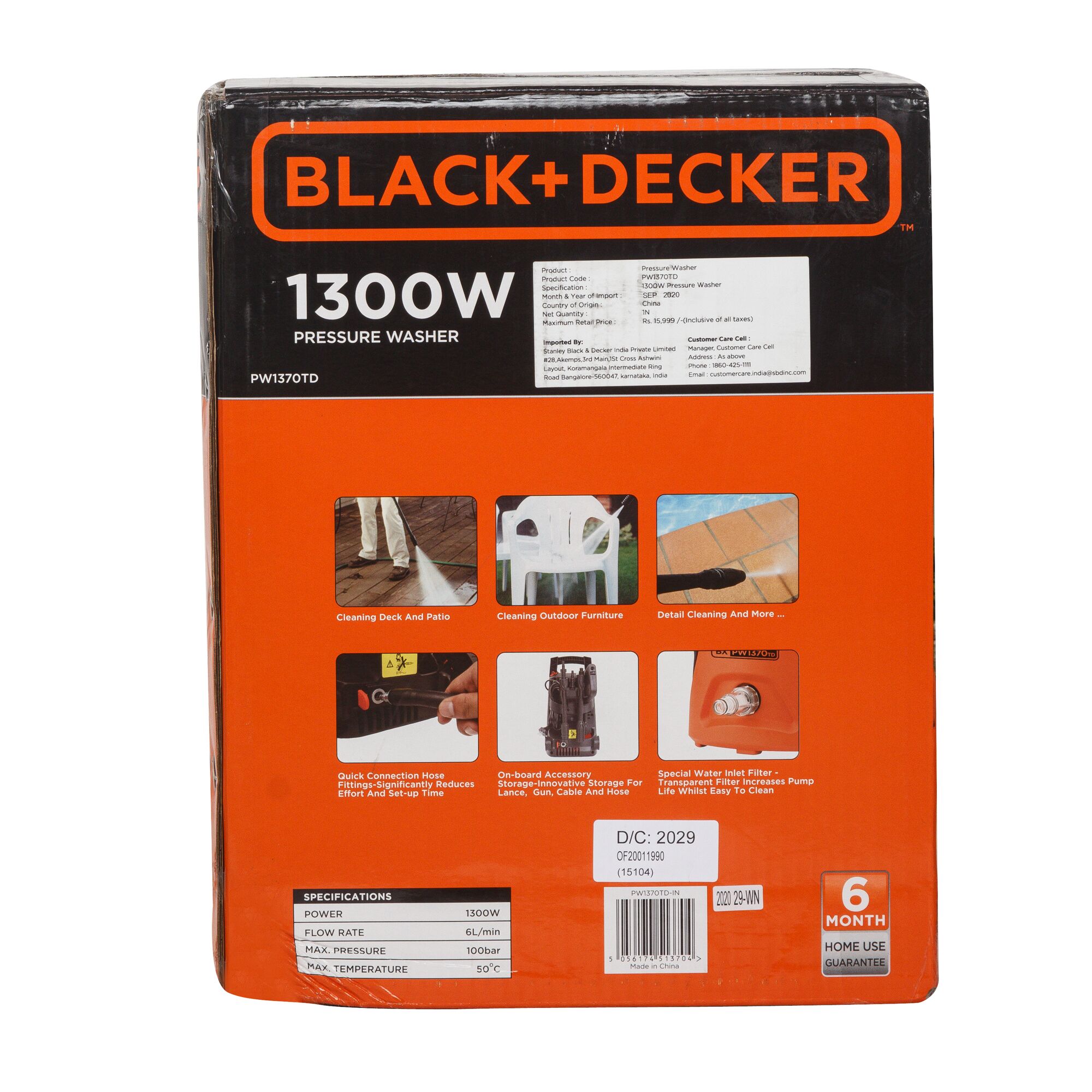 Front view photo of BLACK+DECKER pressure washer PW1370TD box, 1300W, orange and black packaging, showing features and specs.