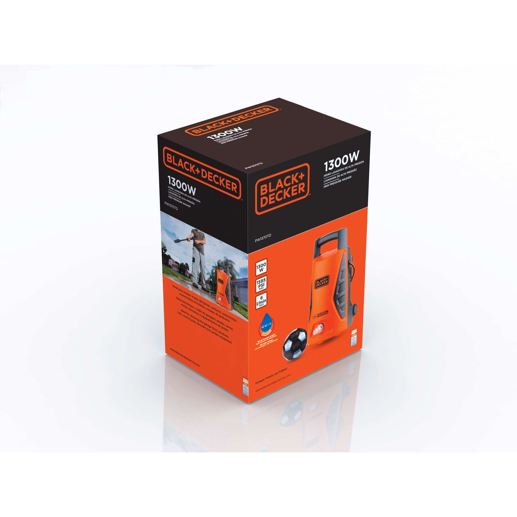 Photo of BLACK+DECKER PW1370TD pressure washer box with orange design on white background, front angle.