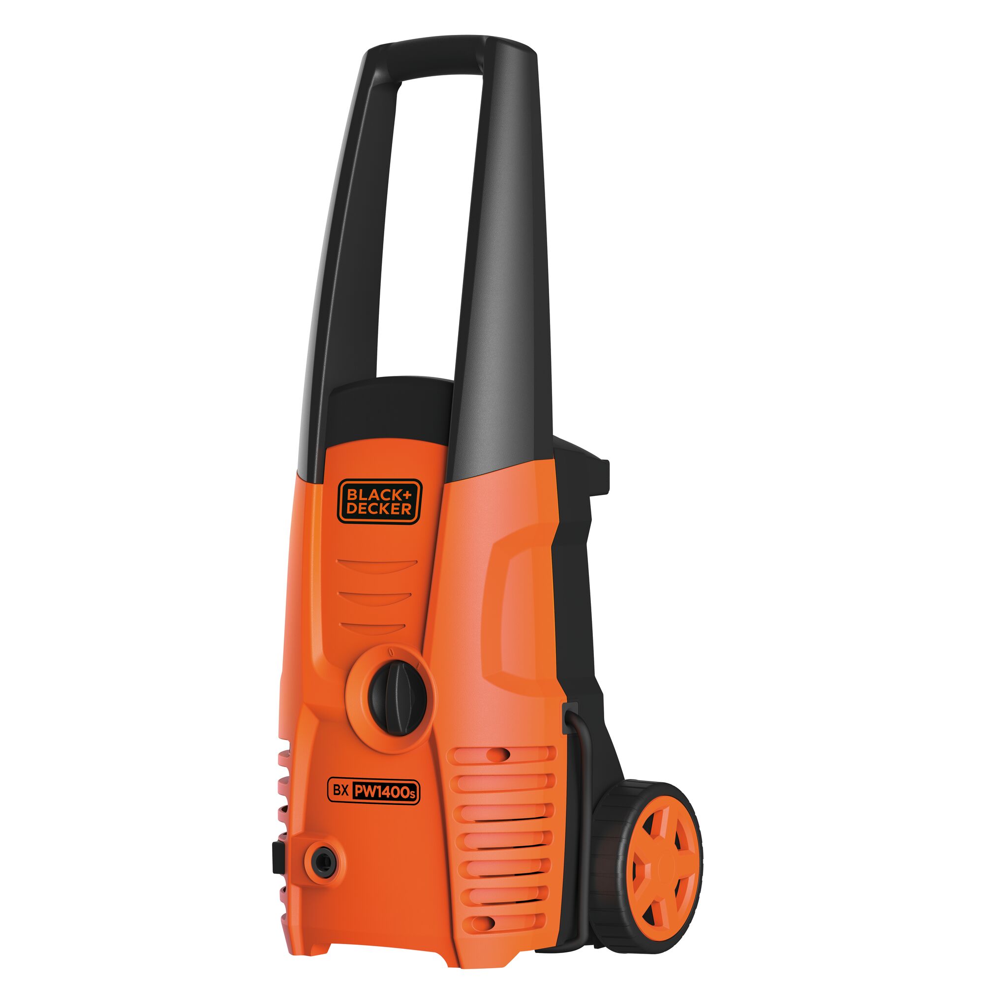 BLACKDECKER PW1400S pressure washer, orange and black, front angle with spray wand and detergent bottle.