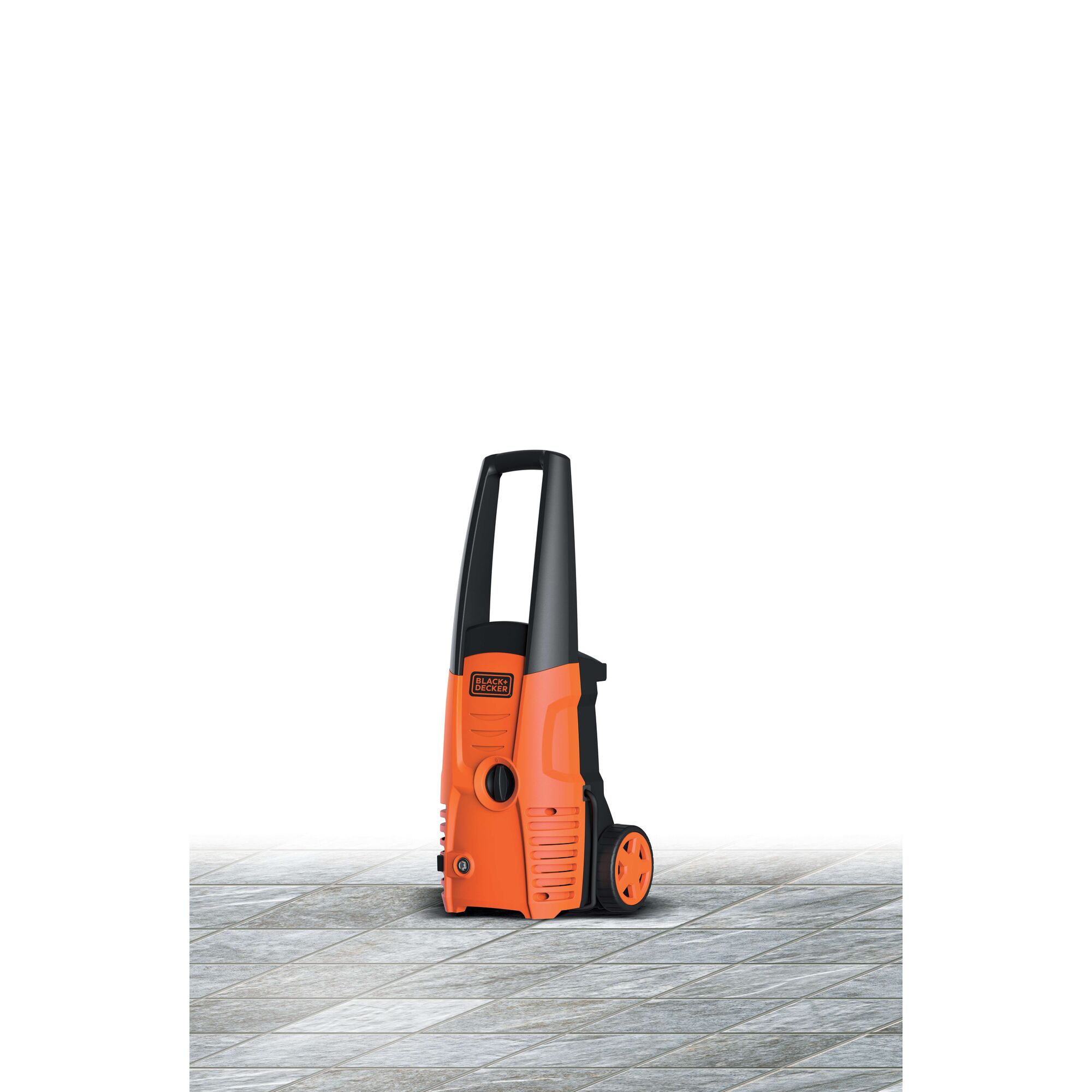 BLACKDECKER PW1400S orange and black pressure washer, front angle, standing on tiled floor.