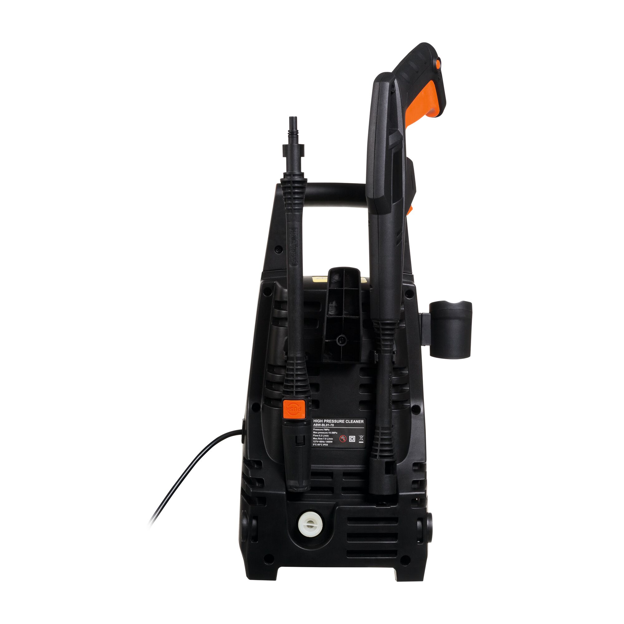 BLACKDECKER PW1450TD pressure washer rear view showing black and orange detailing and hose attachments.