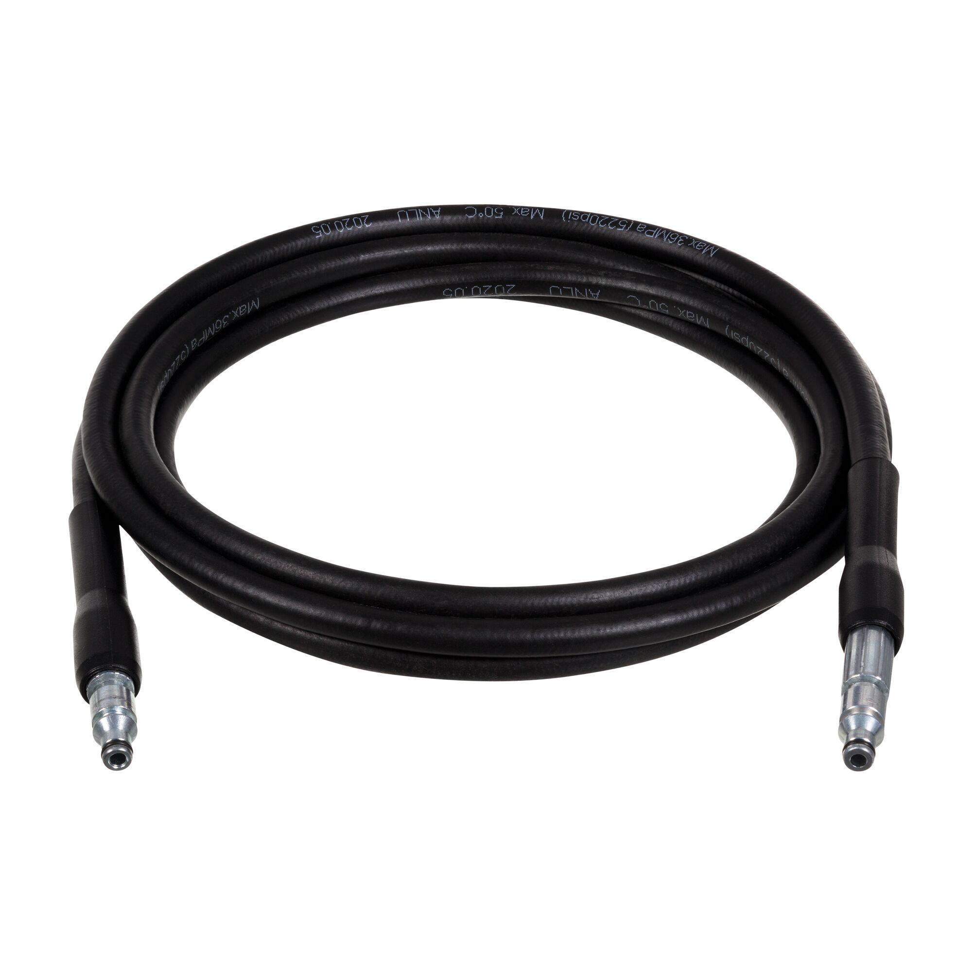 BLACKDECKER PW1450TD black pressure washer hose with metal fittings, front angle on white background.