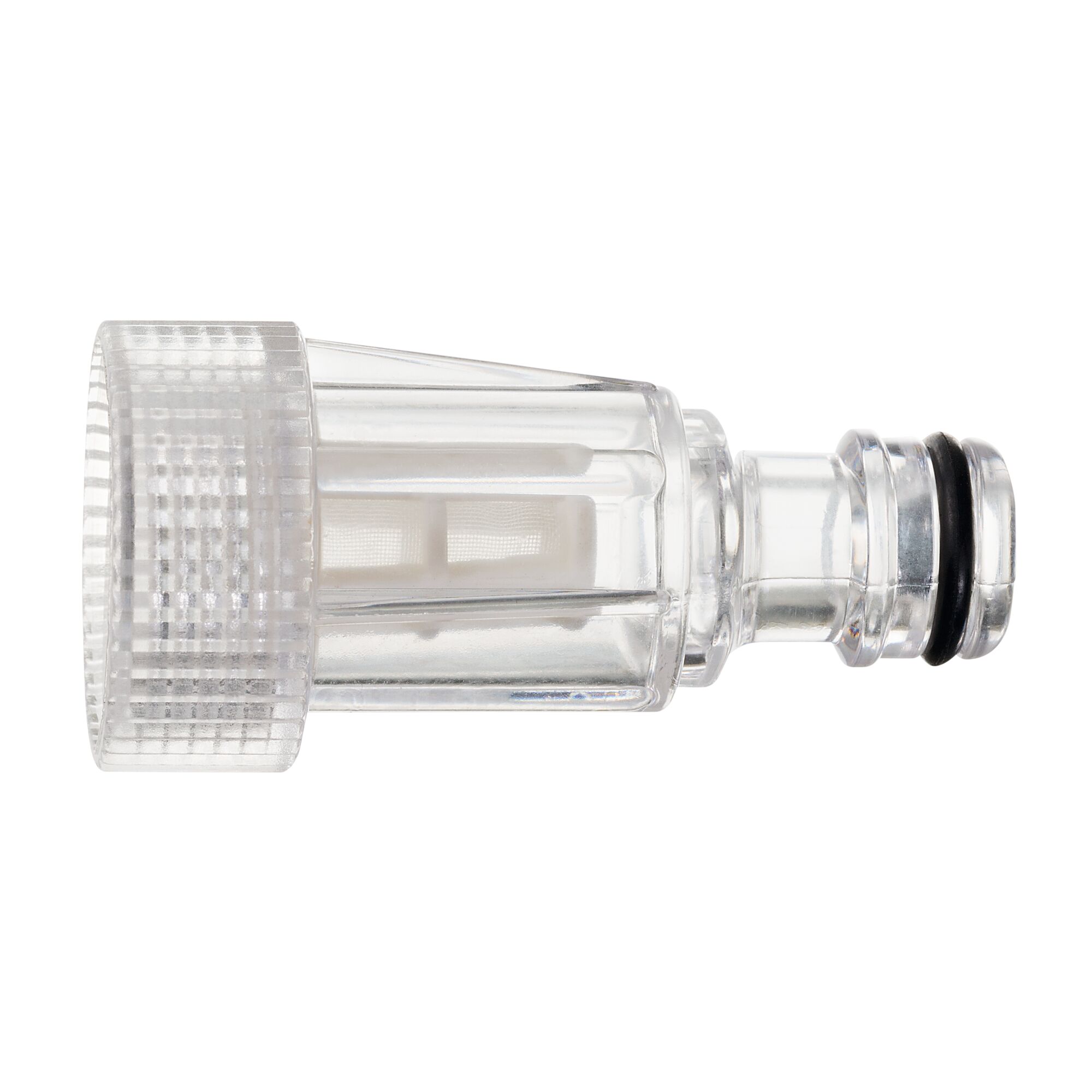 BLACKDECKER PW1450TD transparent plastic water filter adapter, side angle, photography.