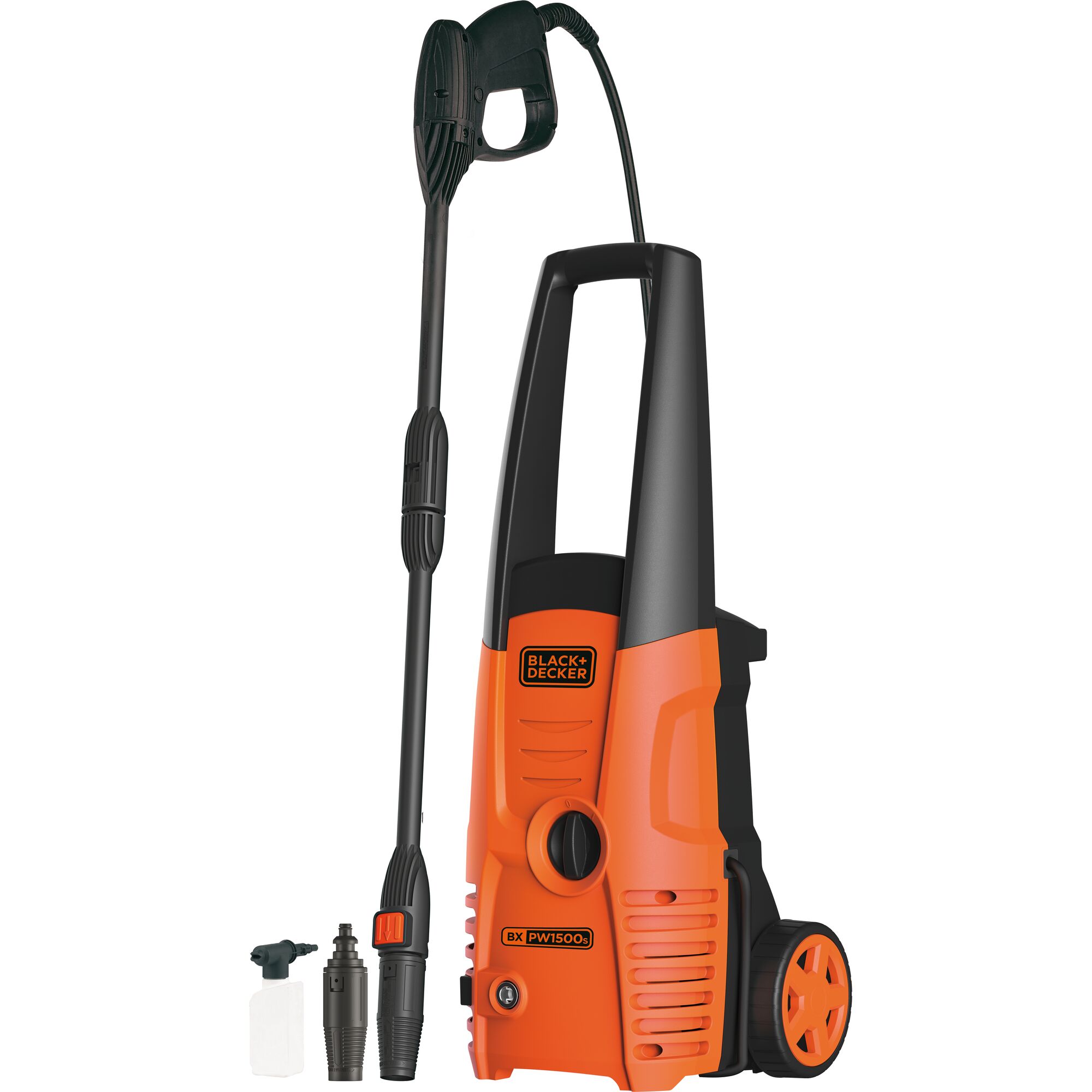 BLACK+DECKER PW1500S pressure washer, orange and black, front angle, with spray wand and accessories.