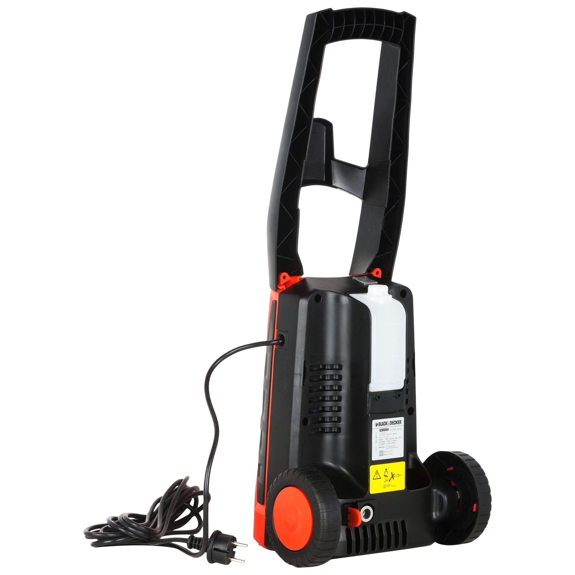 BLACKDECKER PW1570TD pressure washer rear view with handle, wheels, power cord, and detergent tank